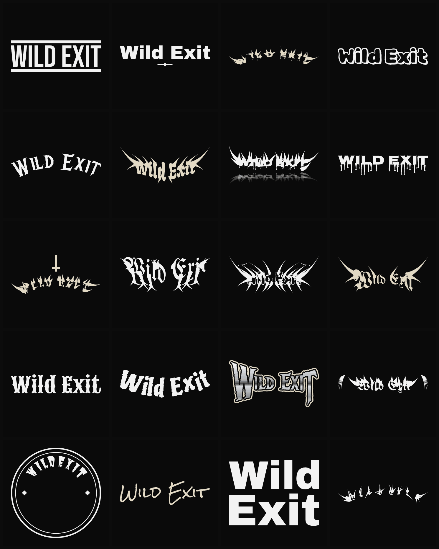 Twenty Wild Exit band logo ideas — different faces, treatments and spike settings