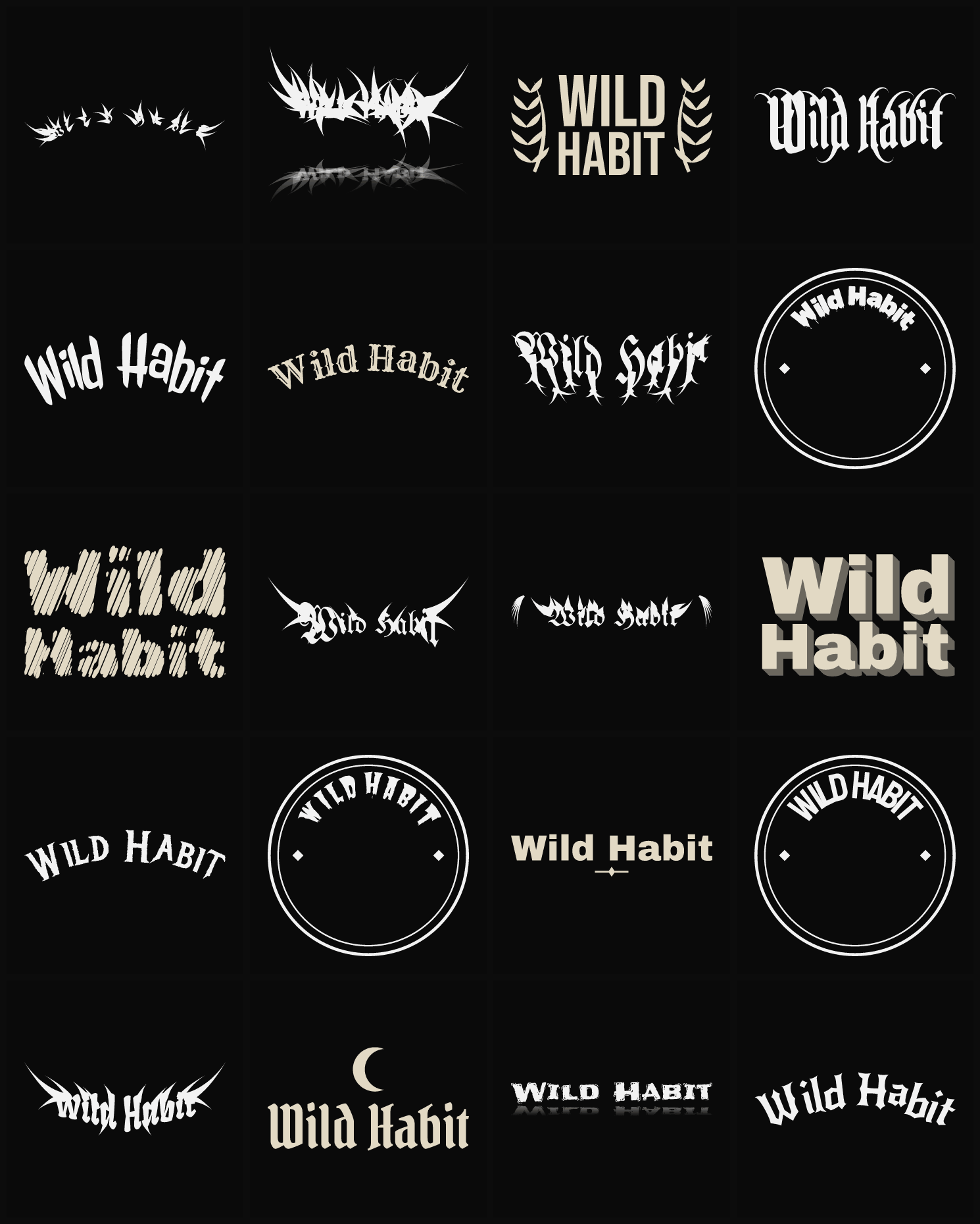 Twenty Wild Habit band logo ideas — different faces, treatments and spike settings