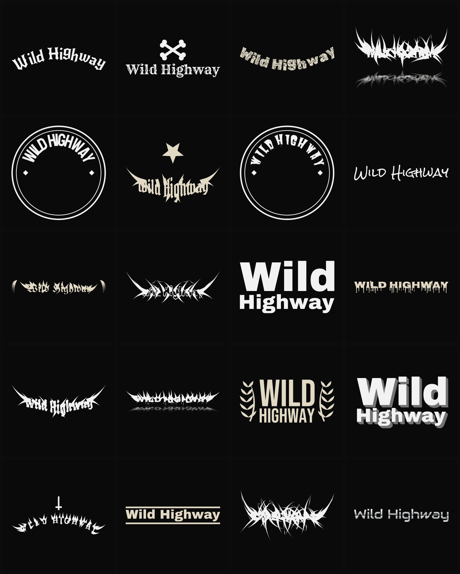 Twenty Wild Highway band logo ideas — different faces, treatments and spike settings
