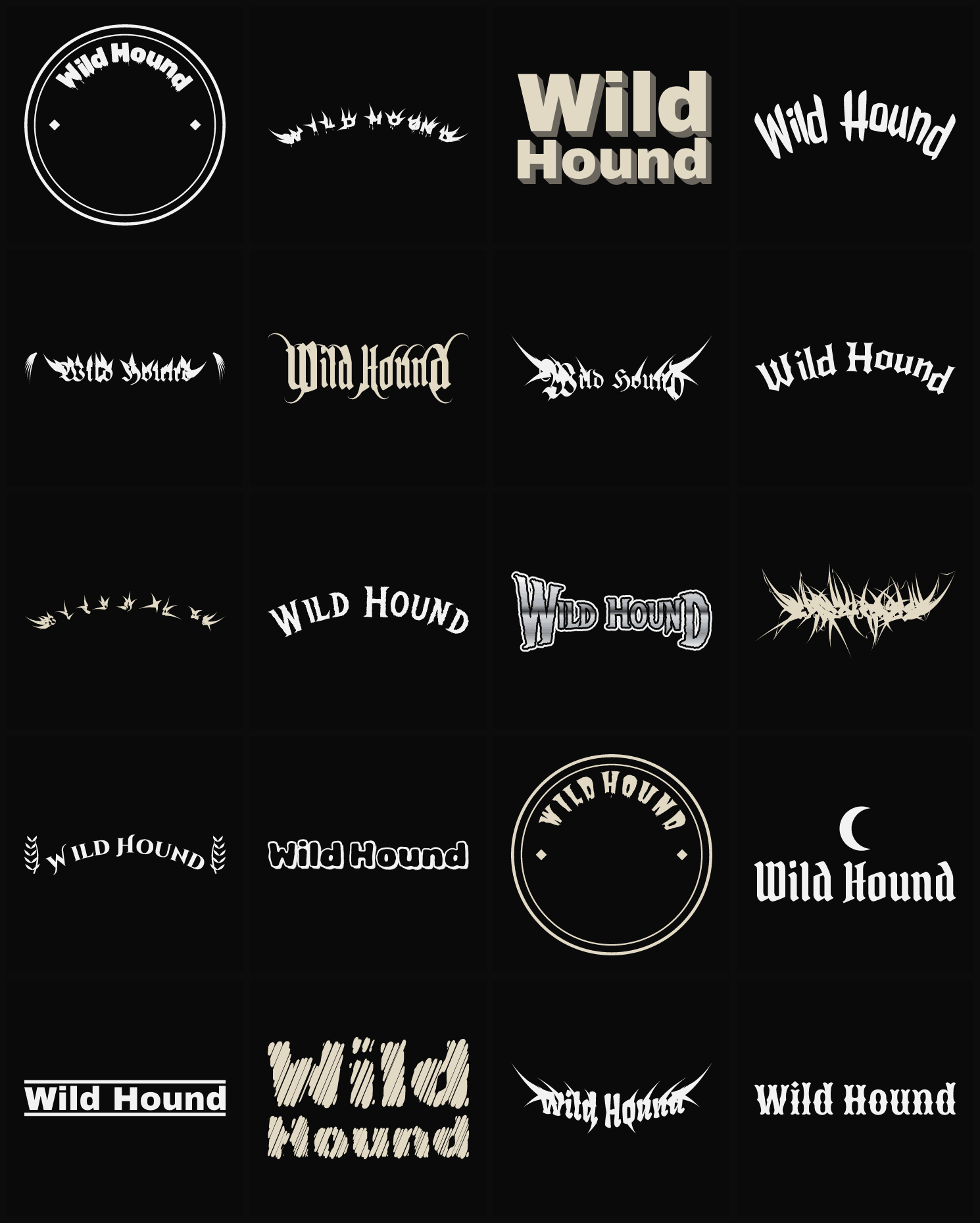 Twenty Wild Hound band logo ideas — different faces, treatments and spike settings