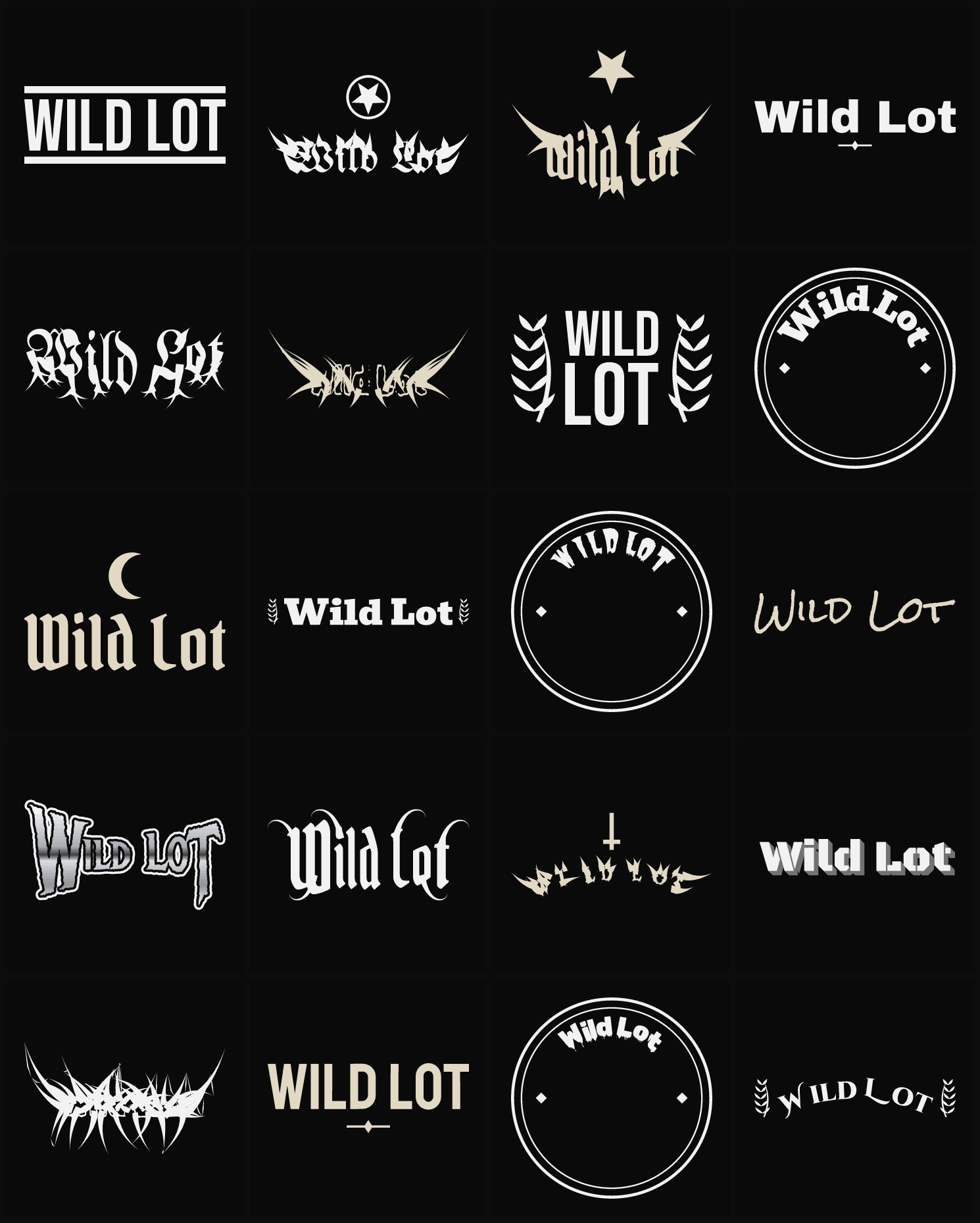 Twenty Wild Lot band logo ideas — different faces, treatments and spike settings