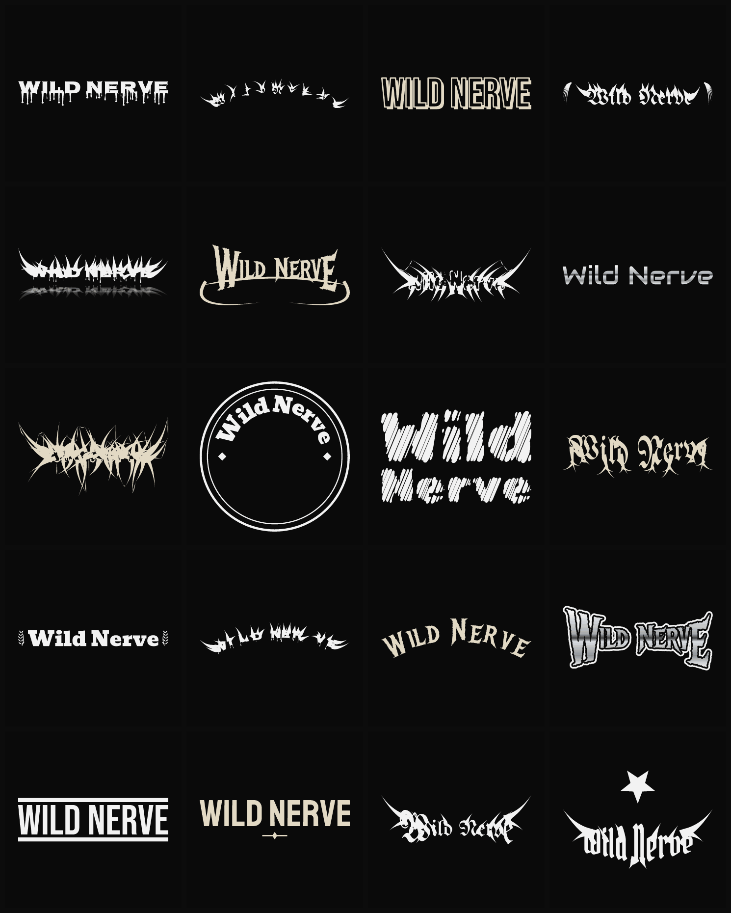 Twenty Wild Nerve band logo ideas — different faces, treatments and spike settings