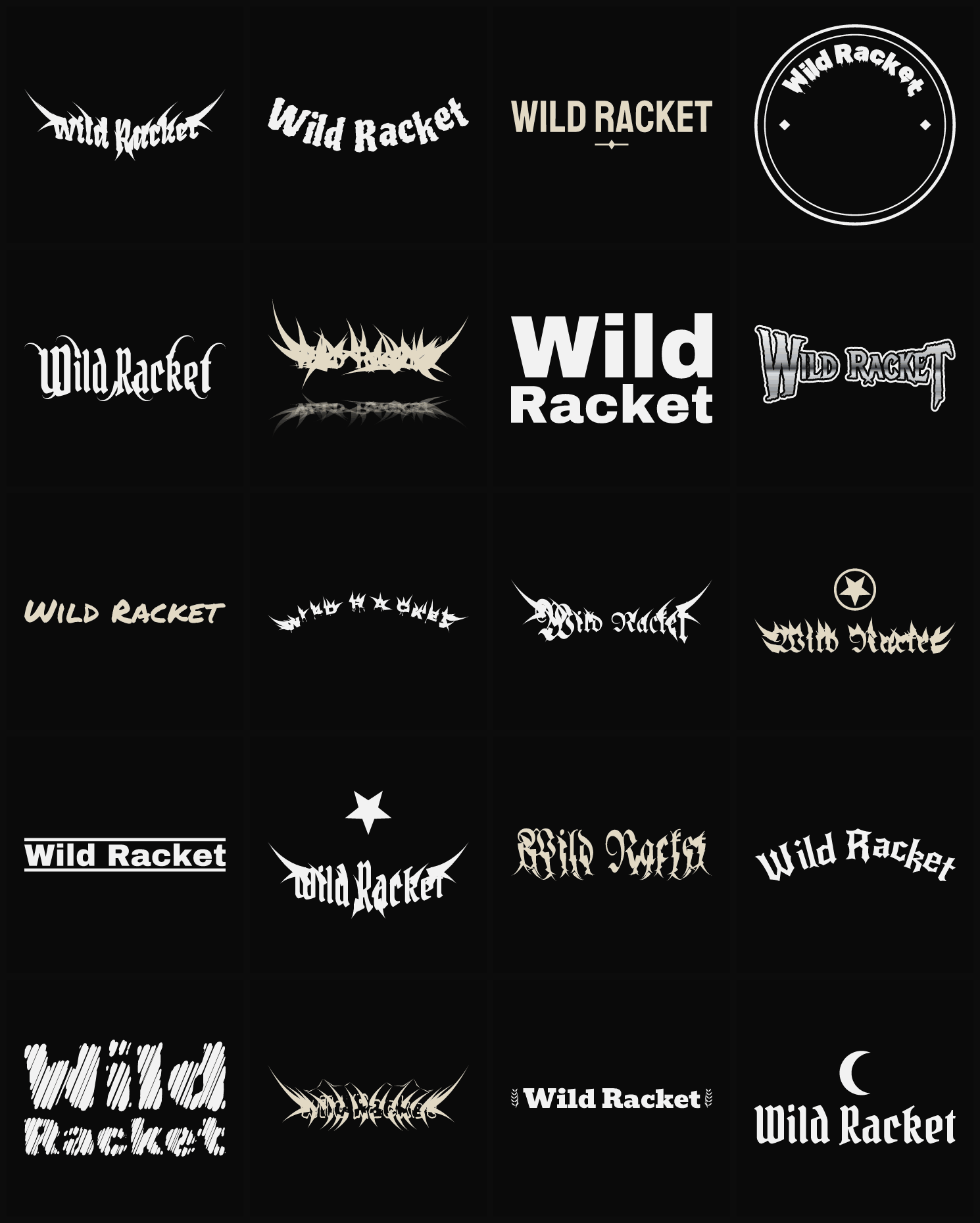 Twenty Wild Racket band logo ideas — different faces, treatments and spike settings
