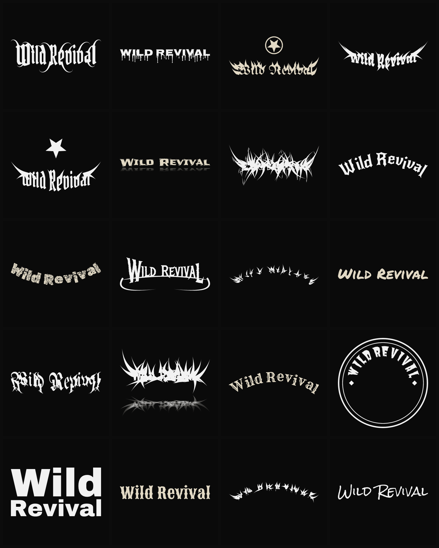 Twenty Wild Revival band logo ideas — different faces, treatments and spike settings