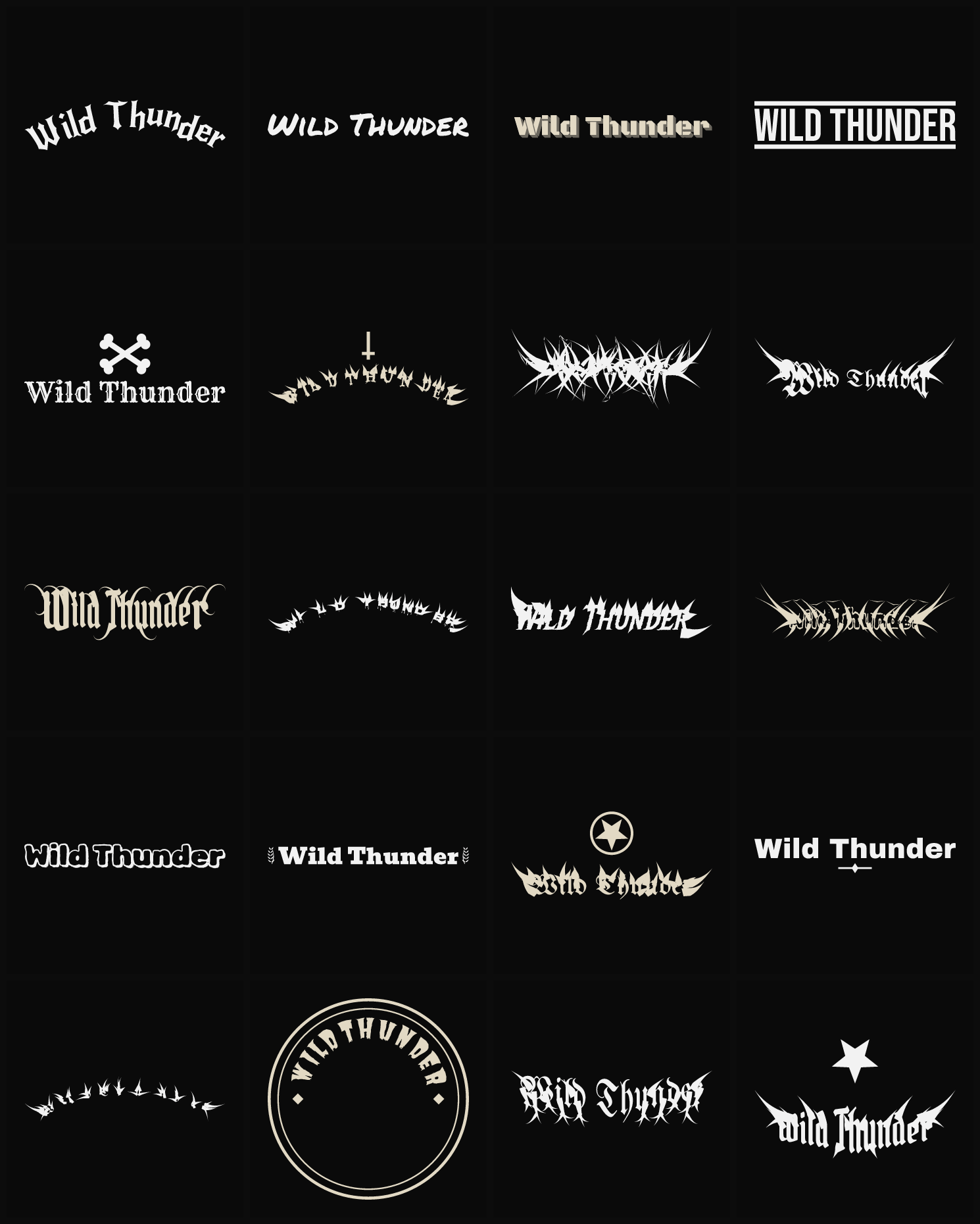 Twenty Wild Thunder band logo ideas — different faces, treatments and spike settings