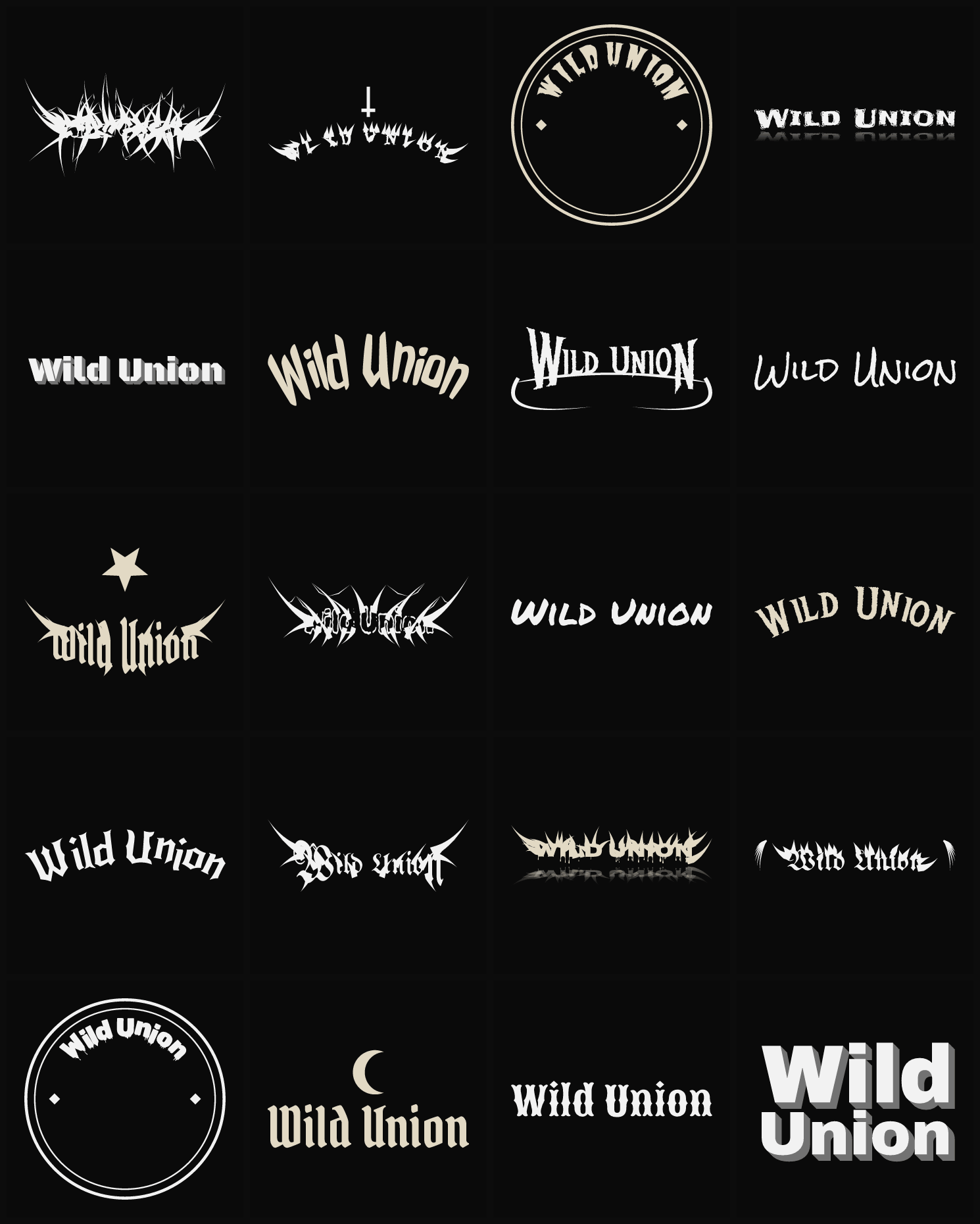 Twenty Wild Union band logo ideas — different faces, treatments and spike settings