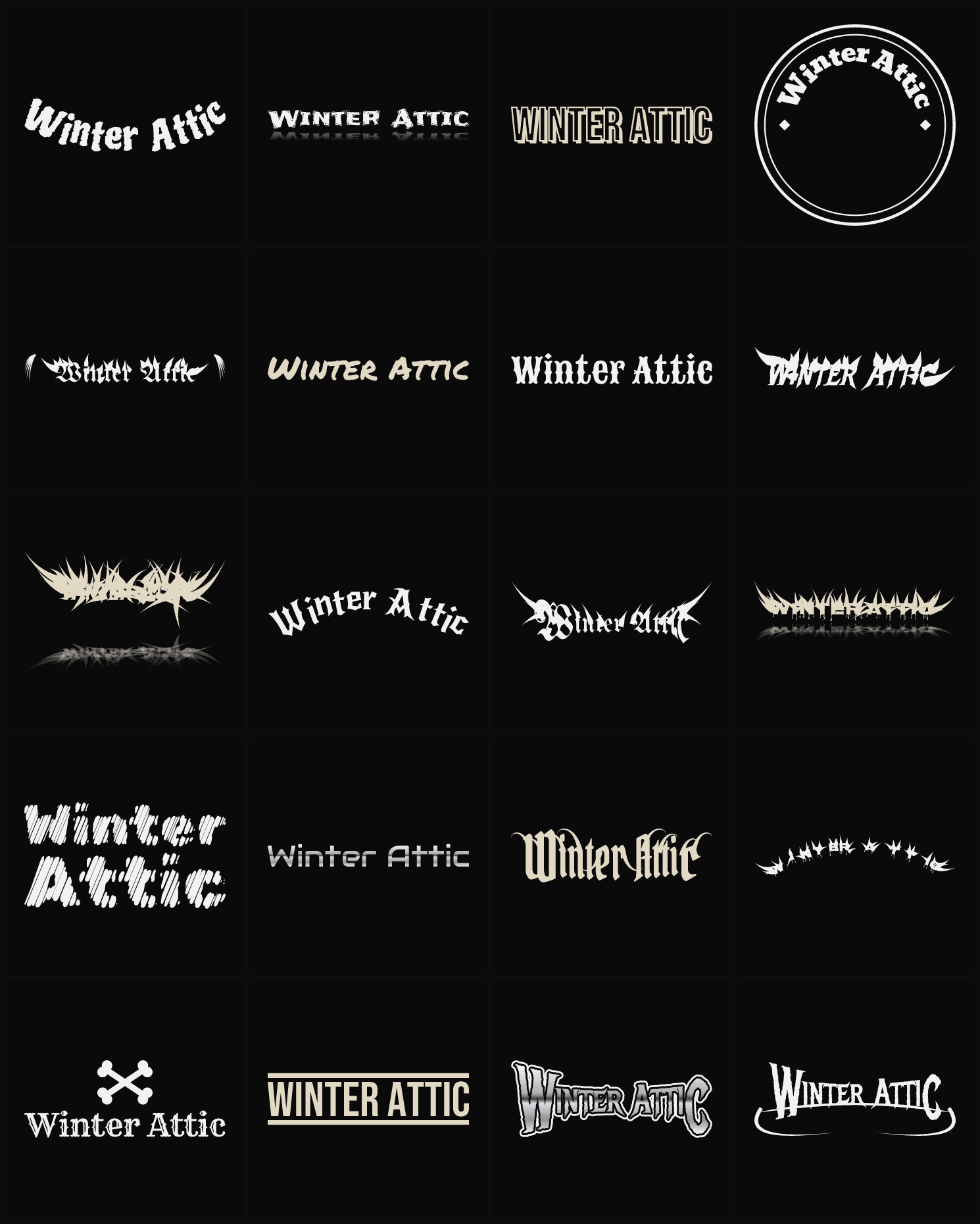 Twenty Winter Attic band logo ideas — different faces, treatments and spike settings