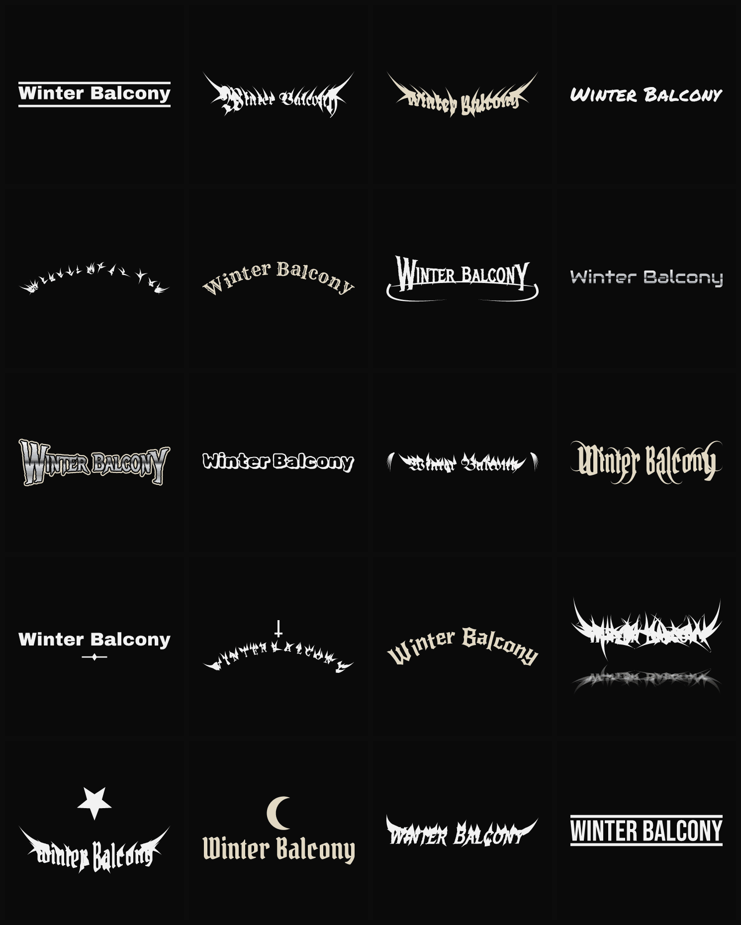 Twenty Winter Balcony band logo ideas — different faces, treatments and spike settings