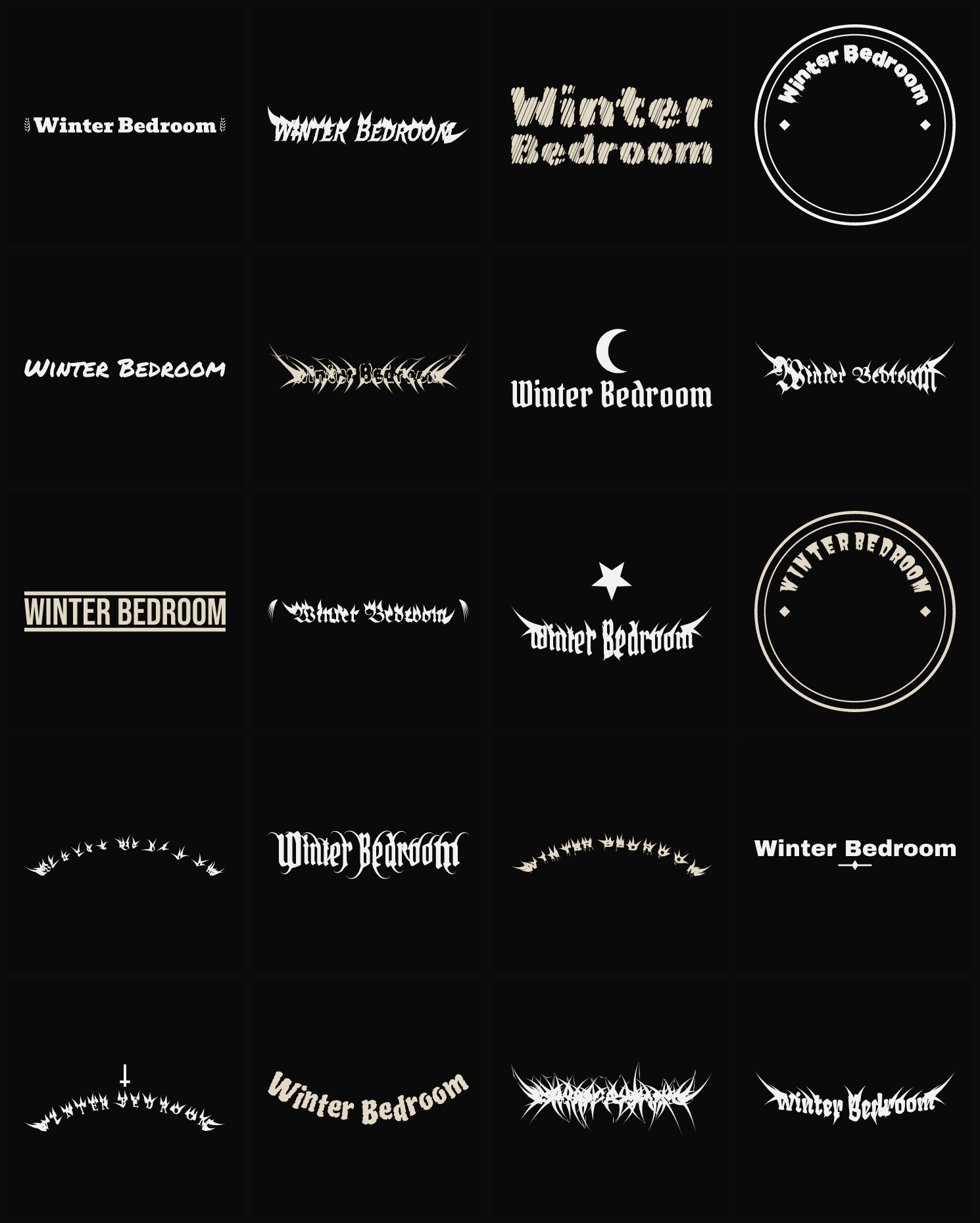Twenty Winter Bedroom band logo ideas — different faces, treatments and spike settings