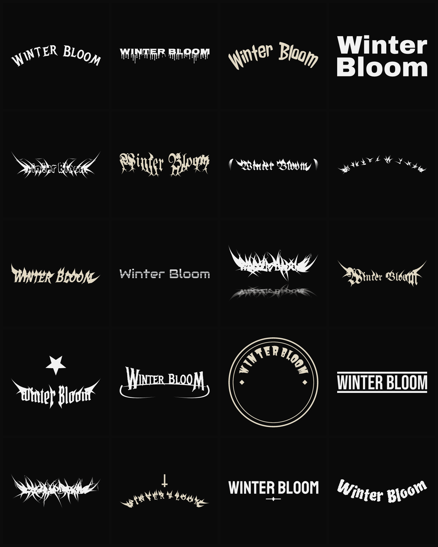 Twenty Winter Bloom band logo ideas — different faces, treatments and spike settings