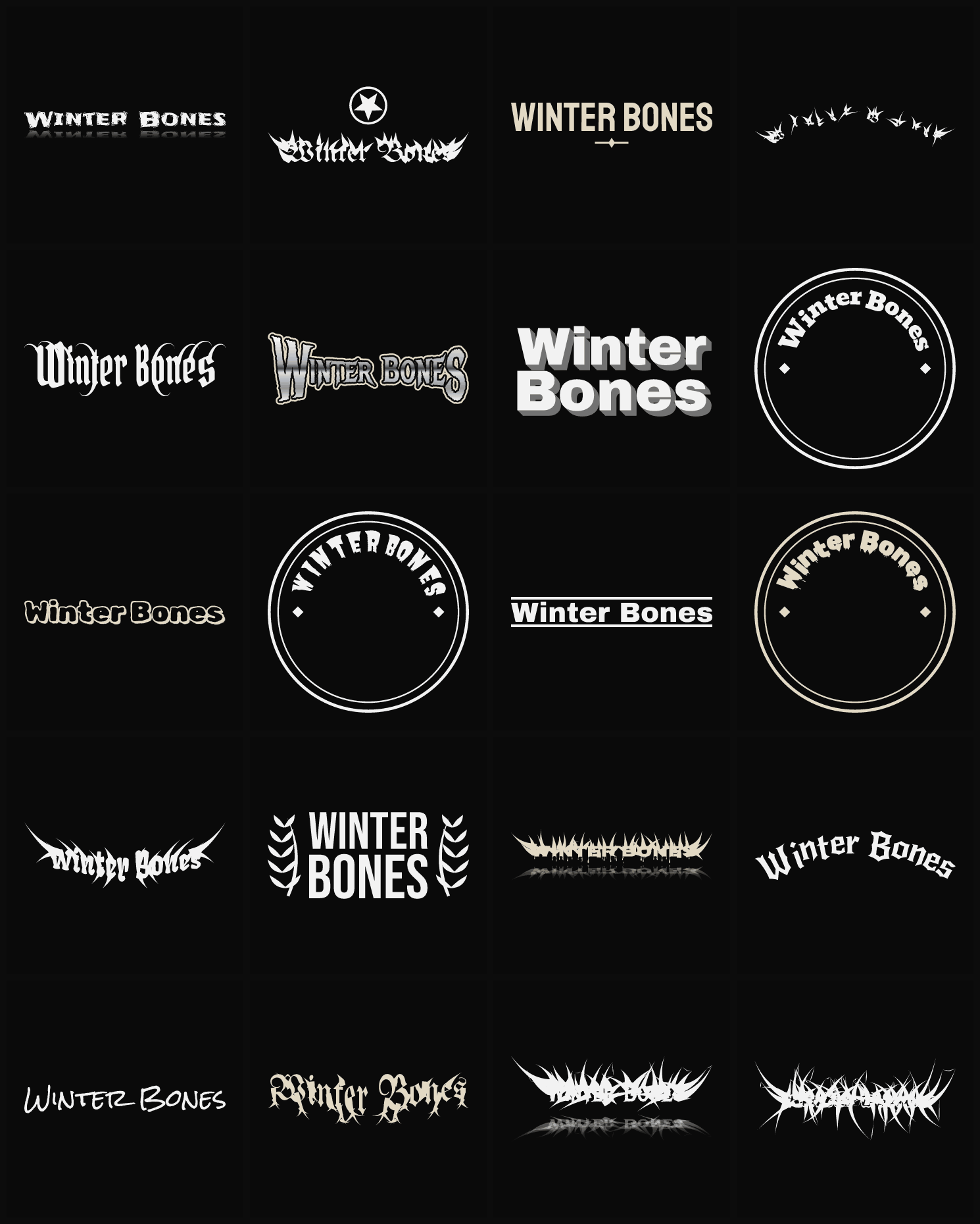 Twenty Winter Bones band logo ideas — different faces, treatments and spike settings