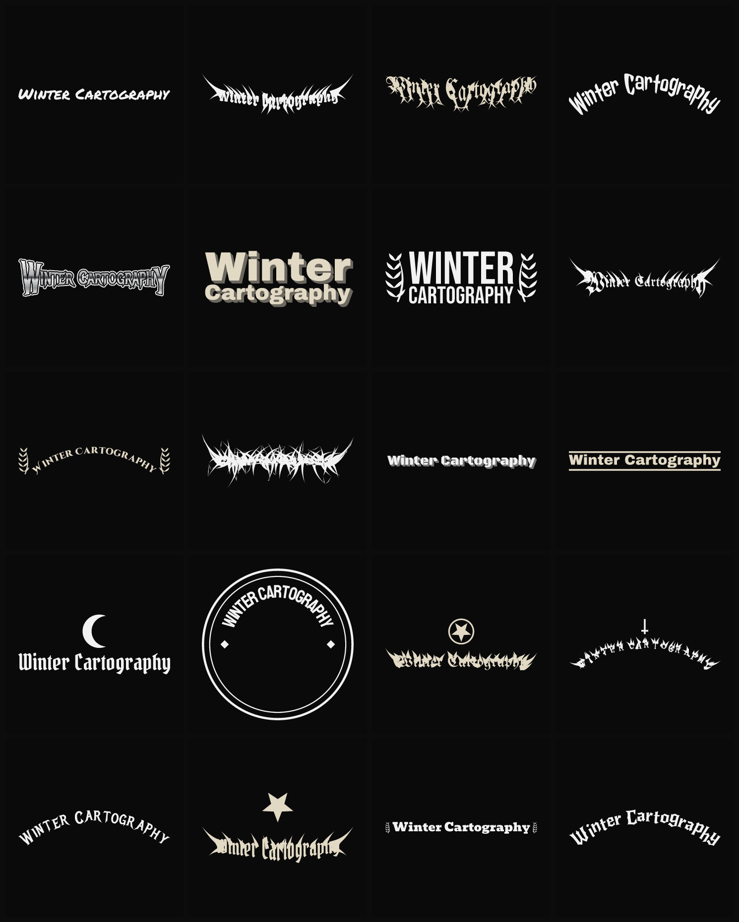 Twenty Winter Cartography band logo ideas — different faces, treatments and spike settings