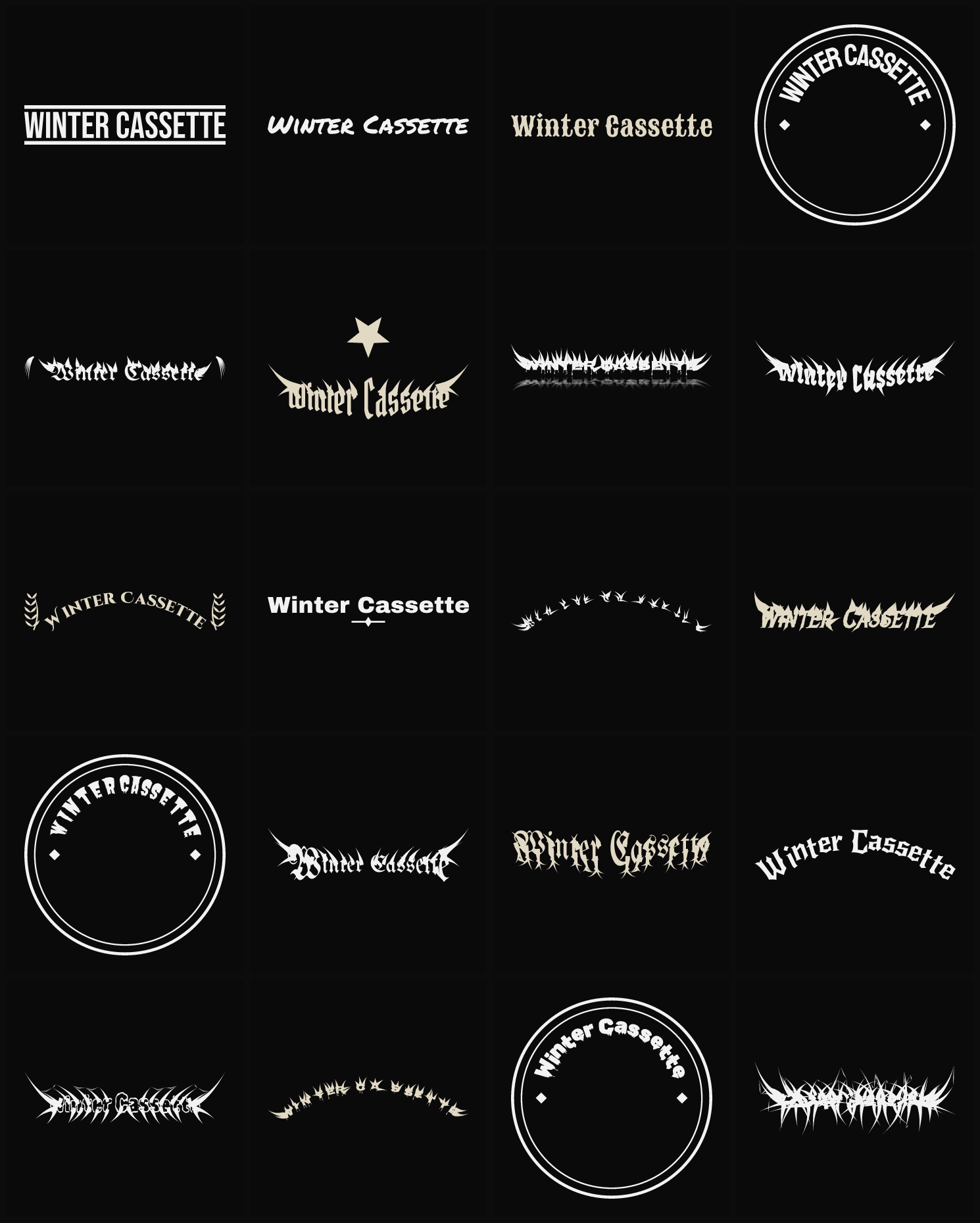 Twenty Winter Cassette band logo ideas — different faces, treatments and spike settings