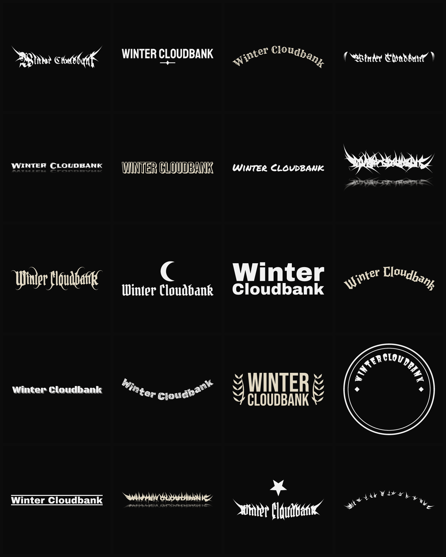 Twenty Winter Cloudbank band logo ideas — different faces, treatments and spike settings
