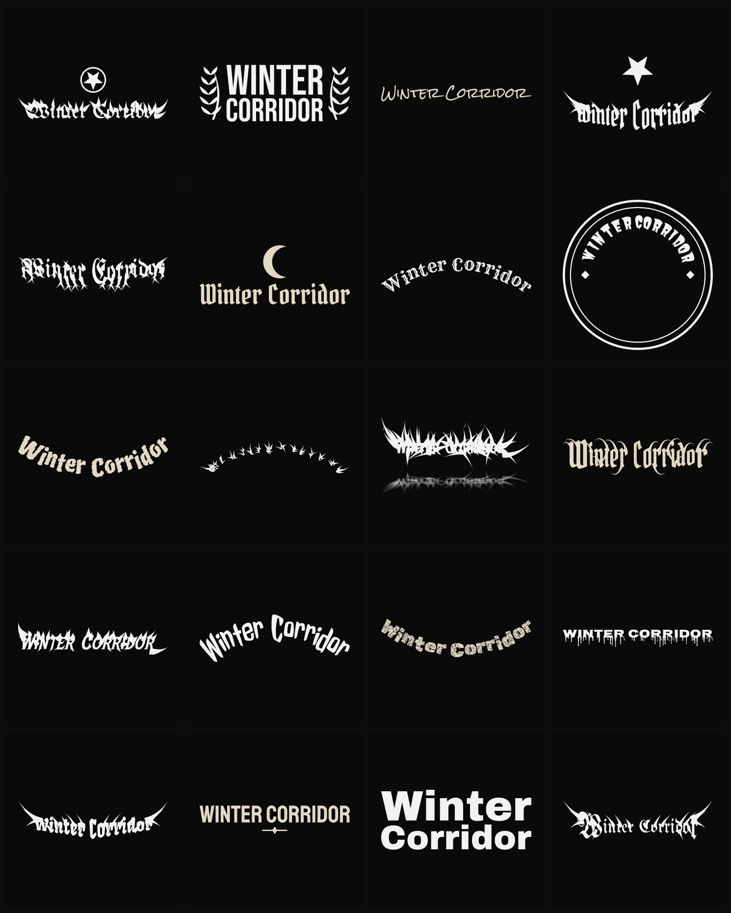 Twenty Winter Corridor band logo ideas — different faces, treatments and spike settings