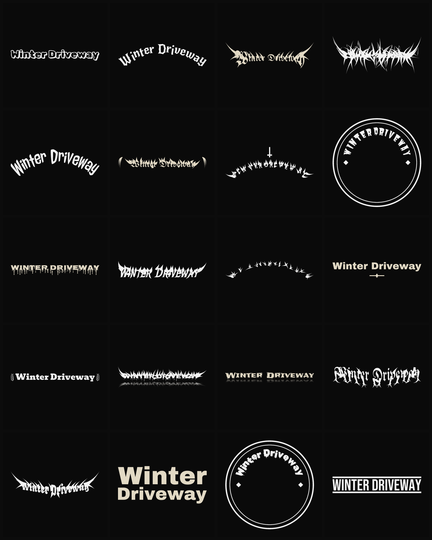 Twenty Winter Driveway band logo ideas — different faces, treatments and spike settings