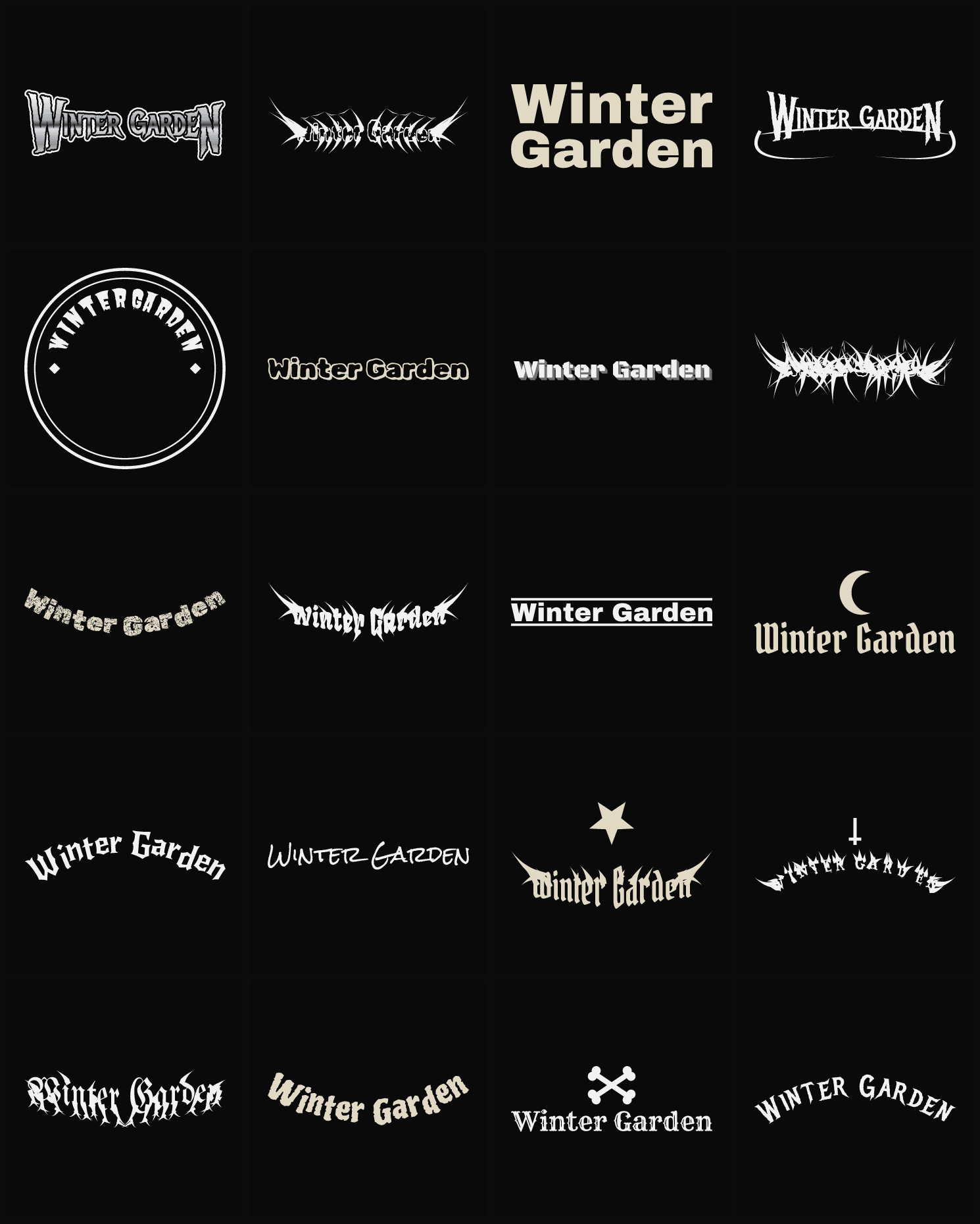 Twenty Winter Garden band logo ideas — different faces, treatments and spike settings