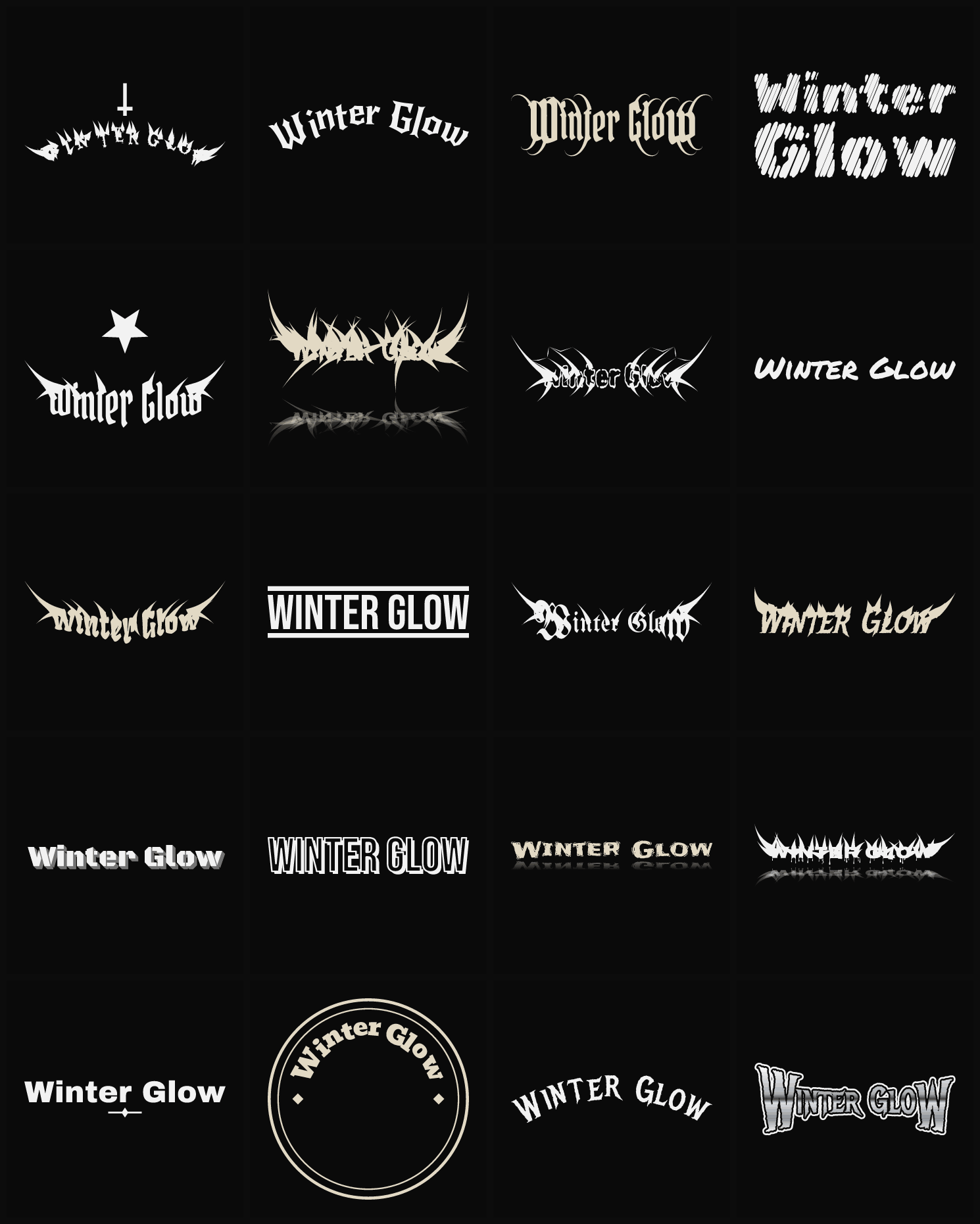 Twenty Winter Glow band logo ideas — different faces, treatments and spike settings