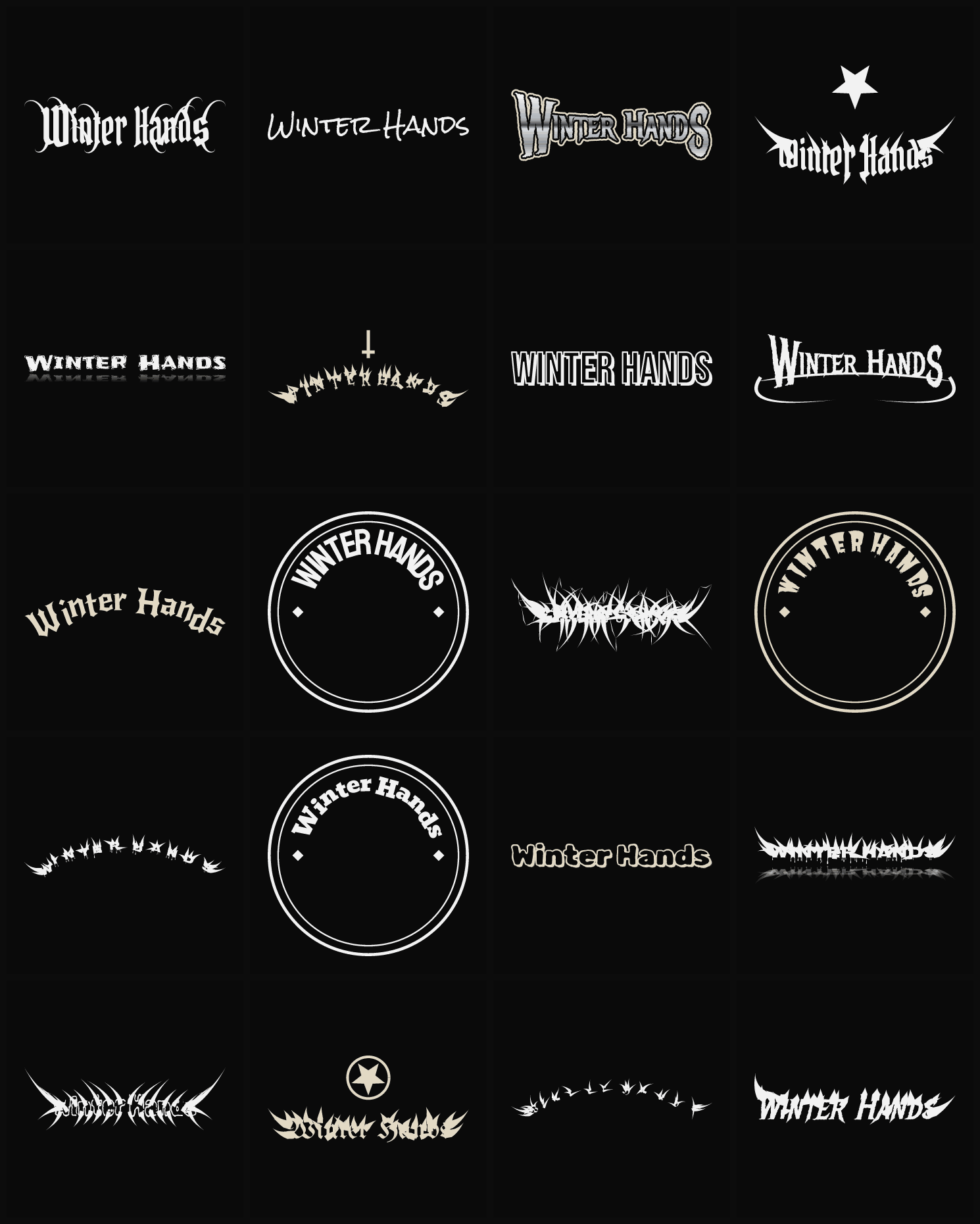 Twenty Winter Hands band logo ideas — different faces, treatments and spike settings