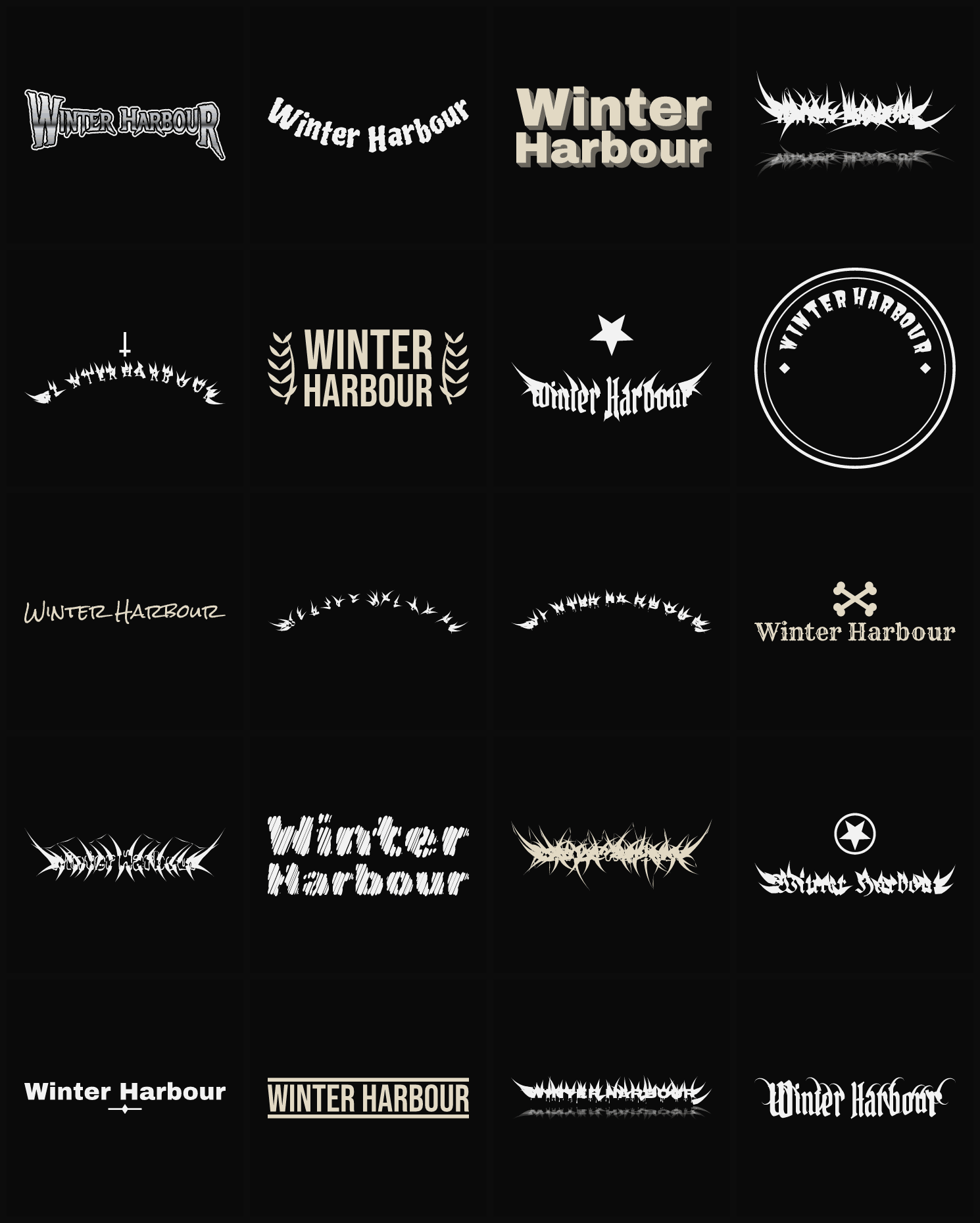 Twenty Winter Harbour band logo ideas — different faces, treatments and spike settings