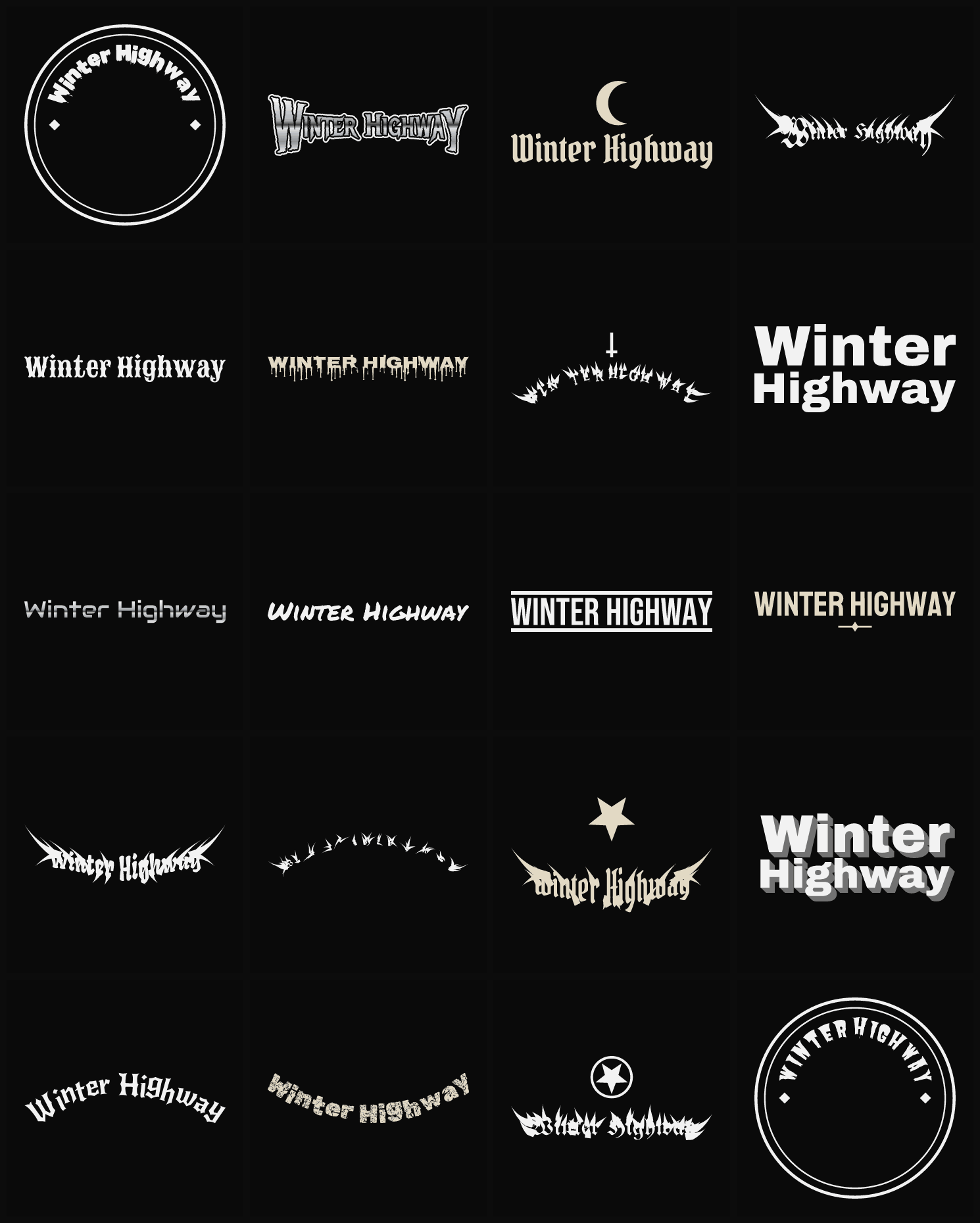 Twenty Winter Highway band logo ideas — different faces, treatments and spike settings