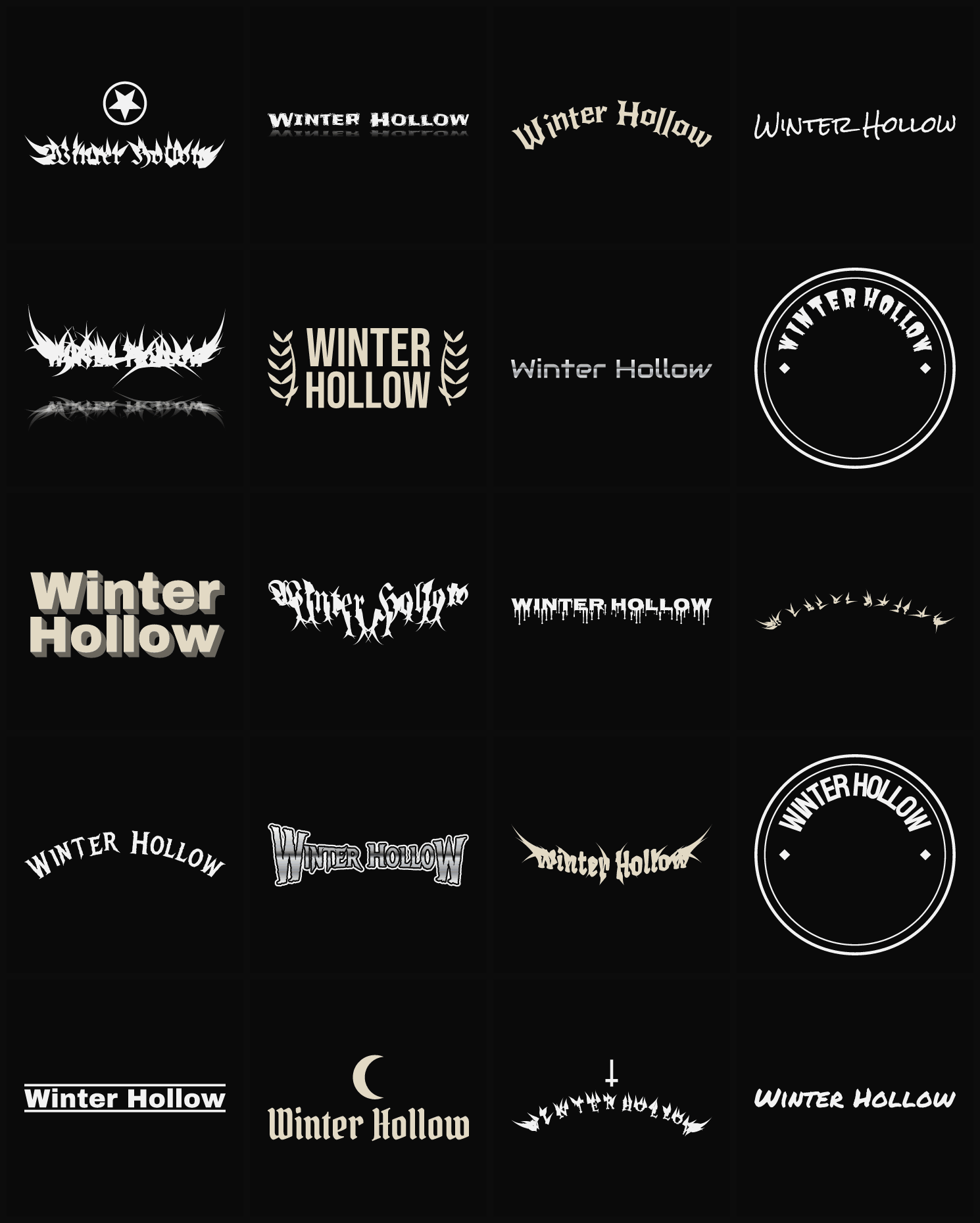 Twenty Winter Hollow band logo ideas — different faces, treatments and spike settings