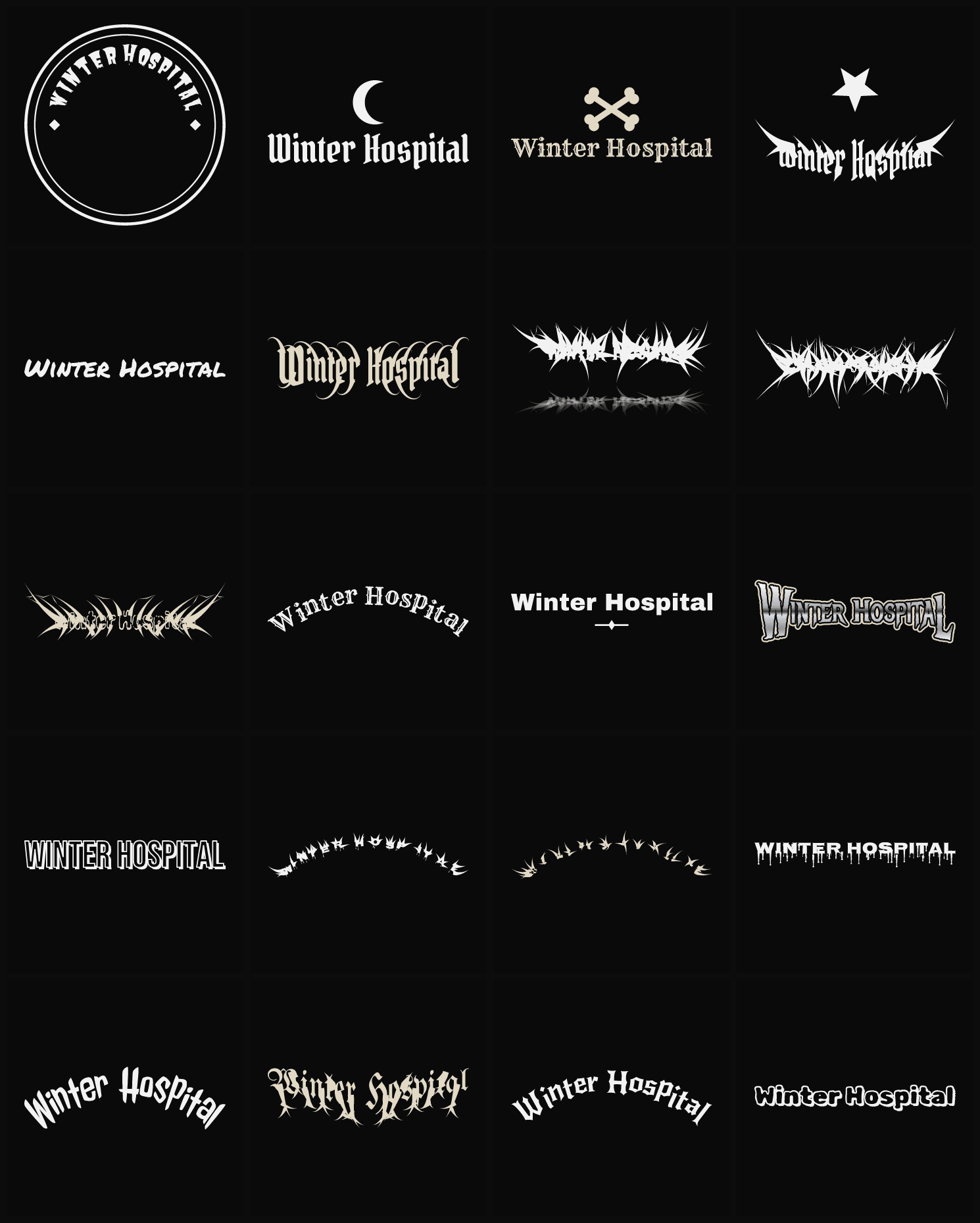 Twenty Winter Hospital band logo ideas — different faces, treatments and spike settings