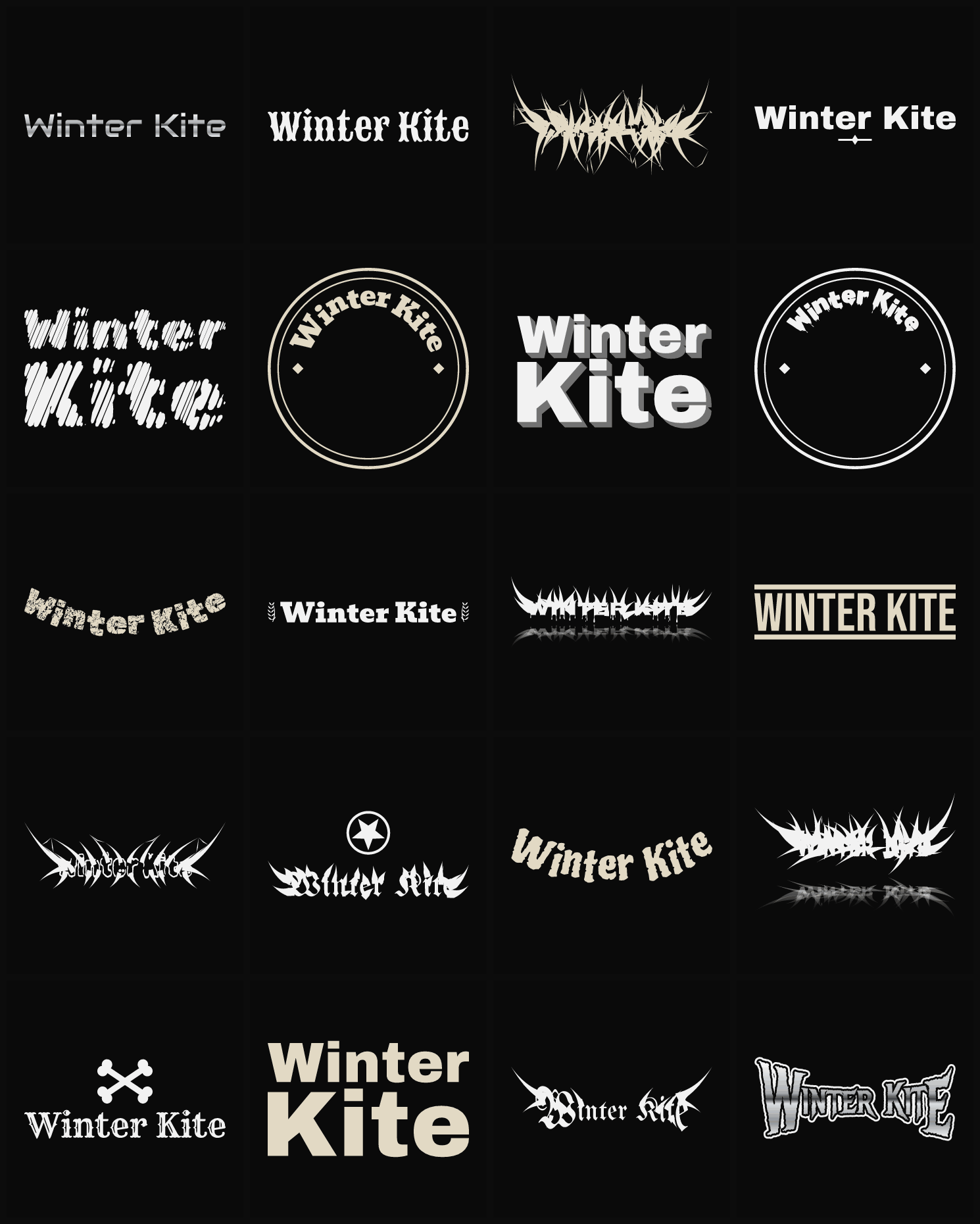 Twenty Winter Kite band logo ideas — different faces, treatments and spike settings