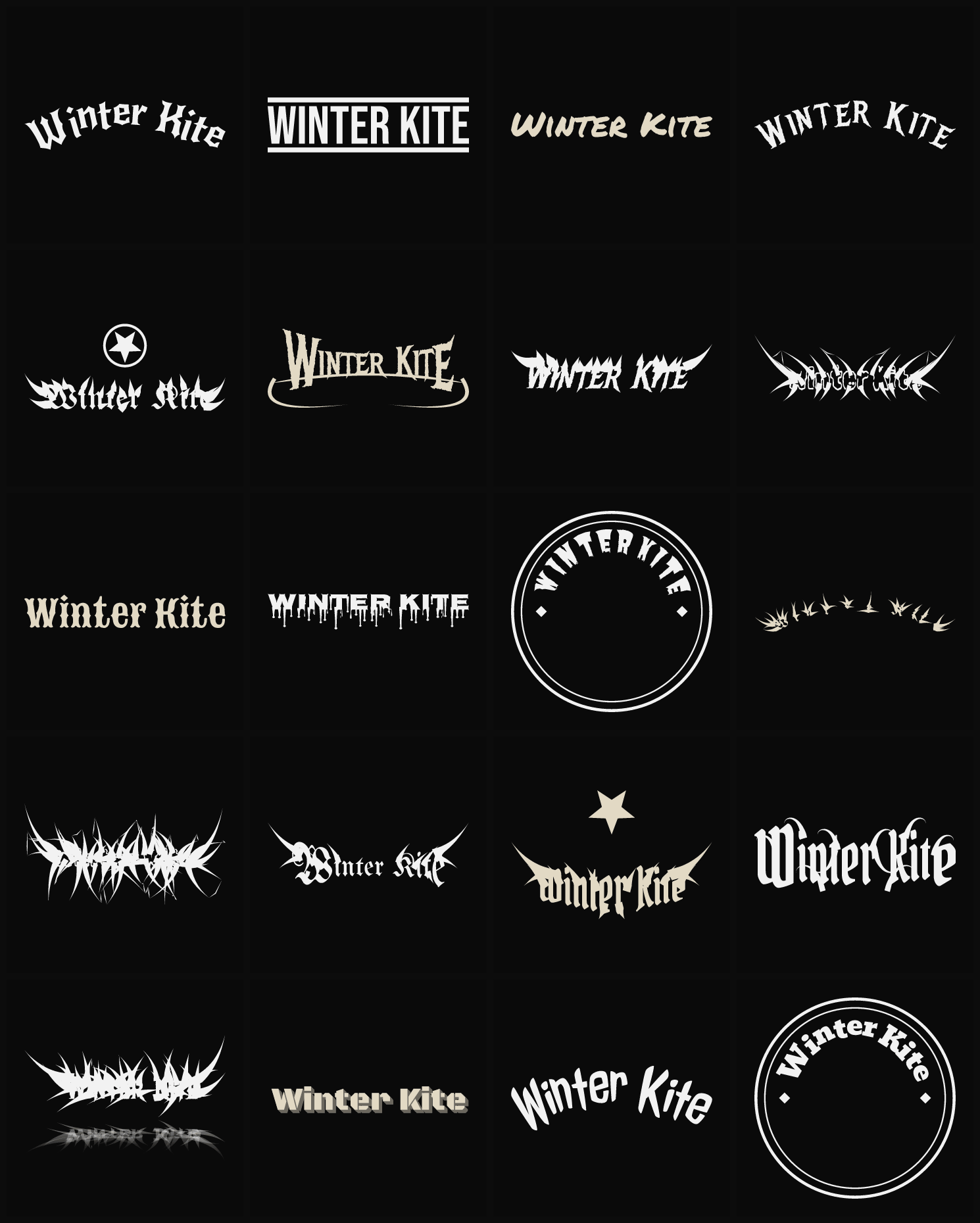 Twenty Winter Kite band logo ideas — different faces, treatments and spike settings