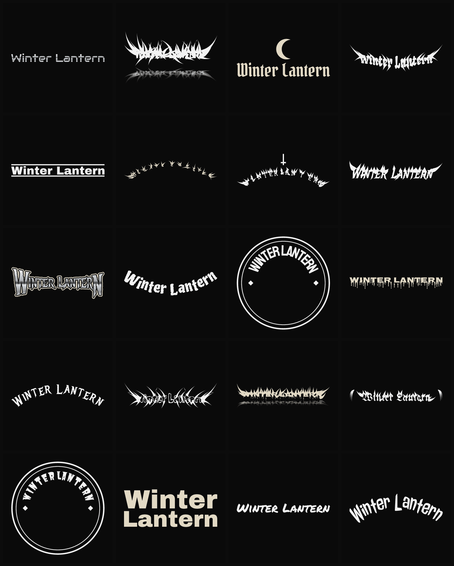 Twenty Winter Lantern band logo ideas — different faces, treatments and spike settings