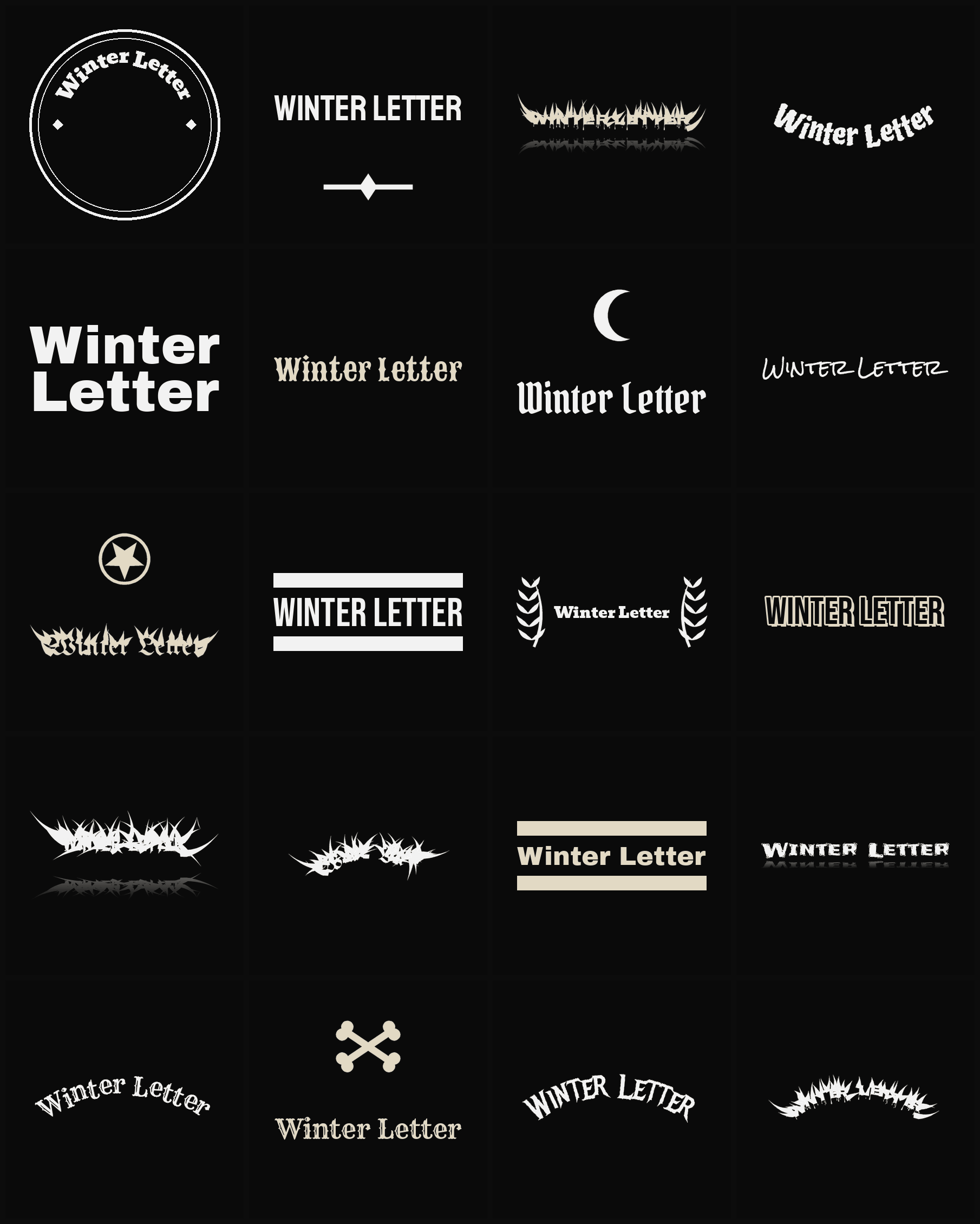 Twenty Winter Letter band logo ideas — different faces, treatments and spike settings
