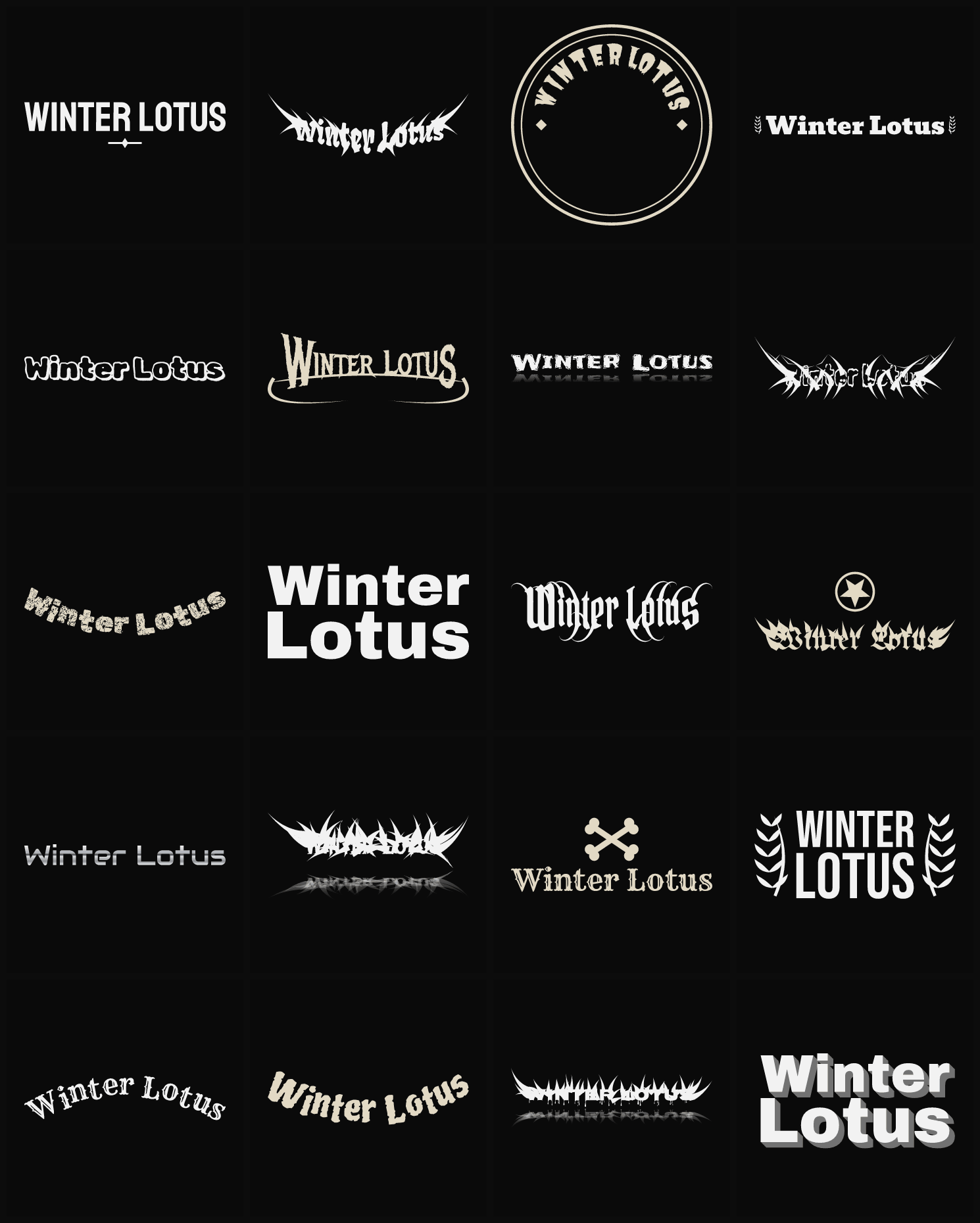 Twenty Winter Lotus band logo ideas — different faces, treatments and spike settings