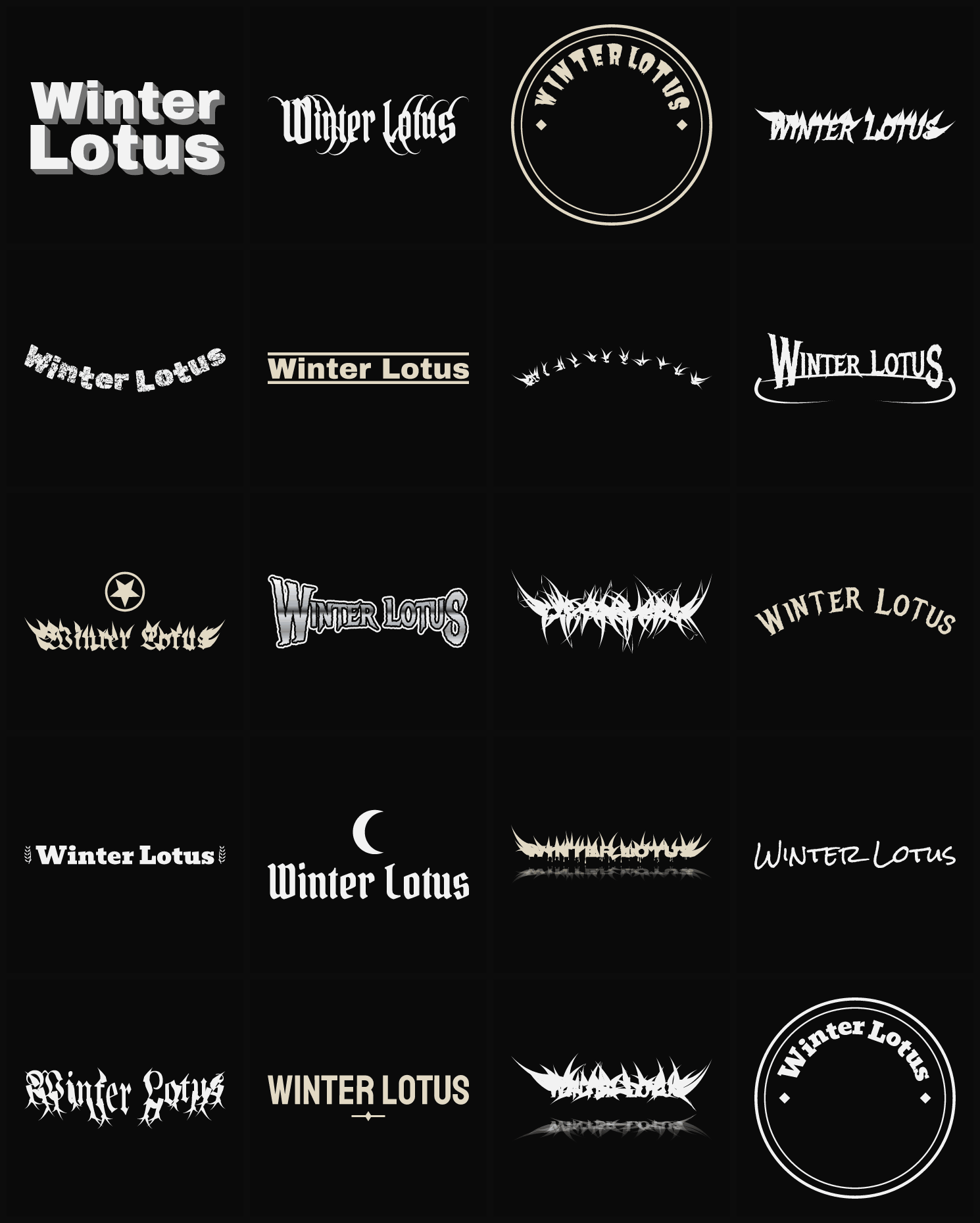 Twenty Winter Lotus band logo ideas — different faces, treatments and spike settings