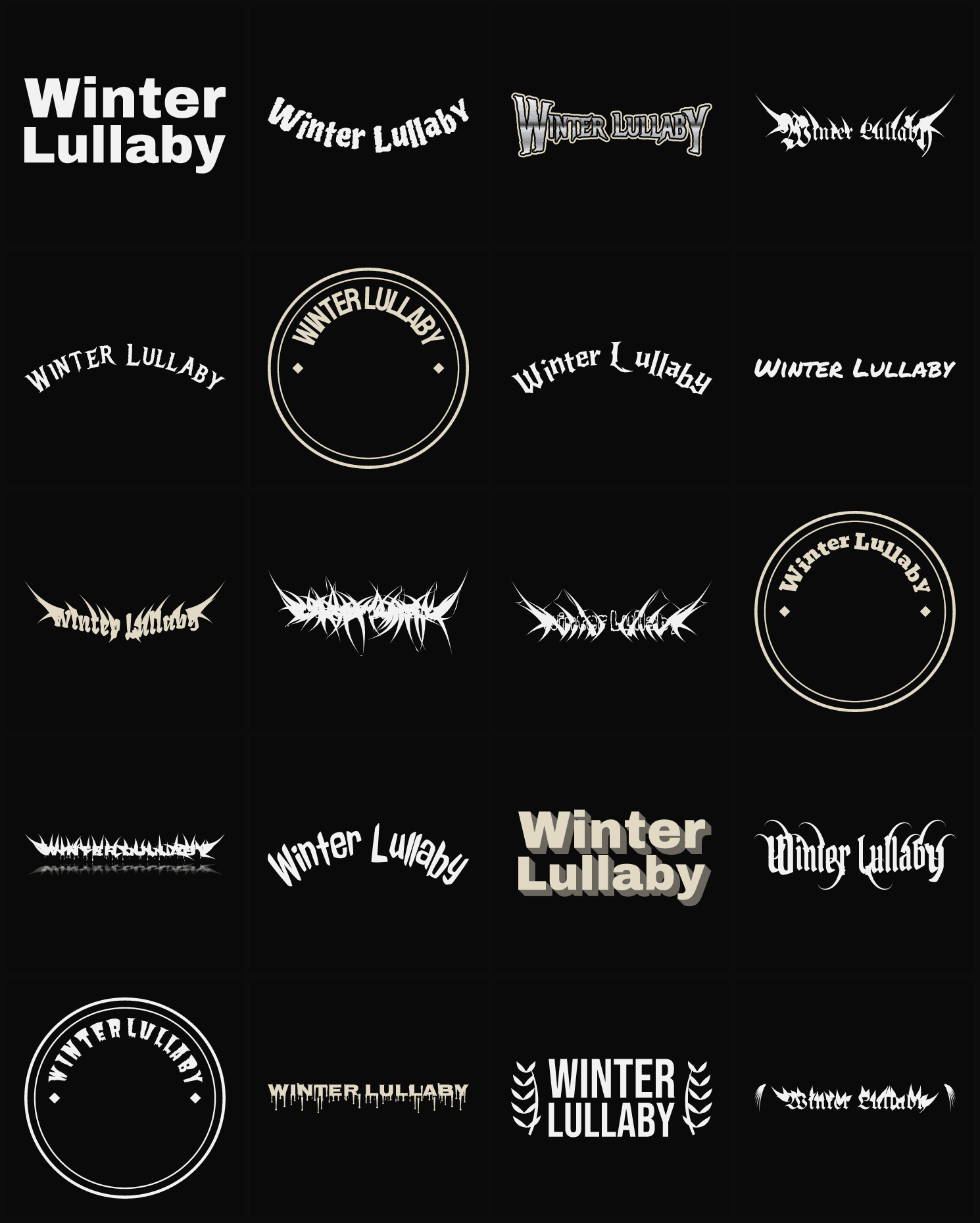 Twenty Winter Lullaby band logo ideas — different faces, treatments and spike settings