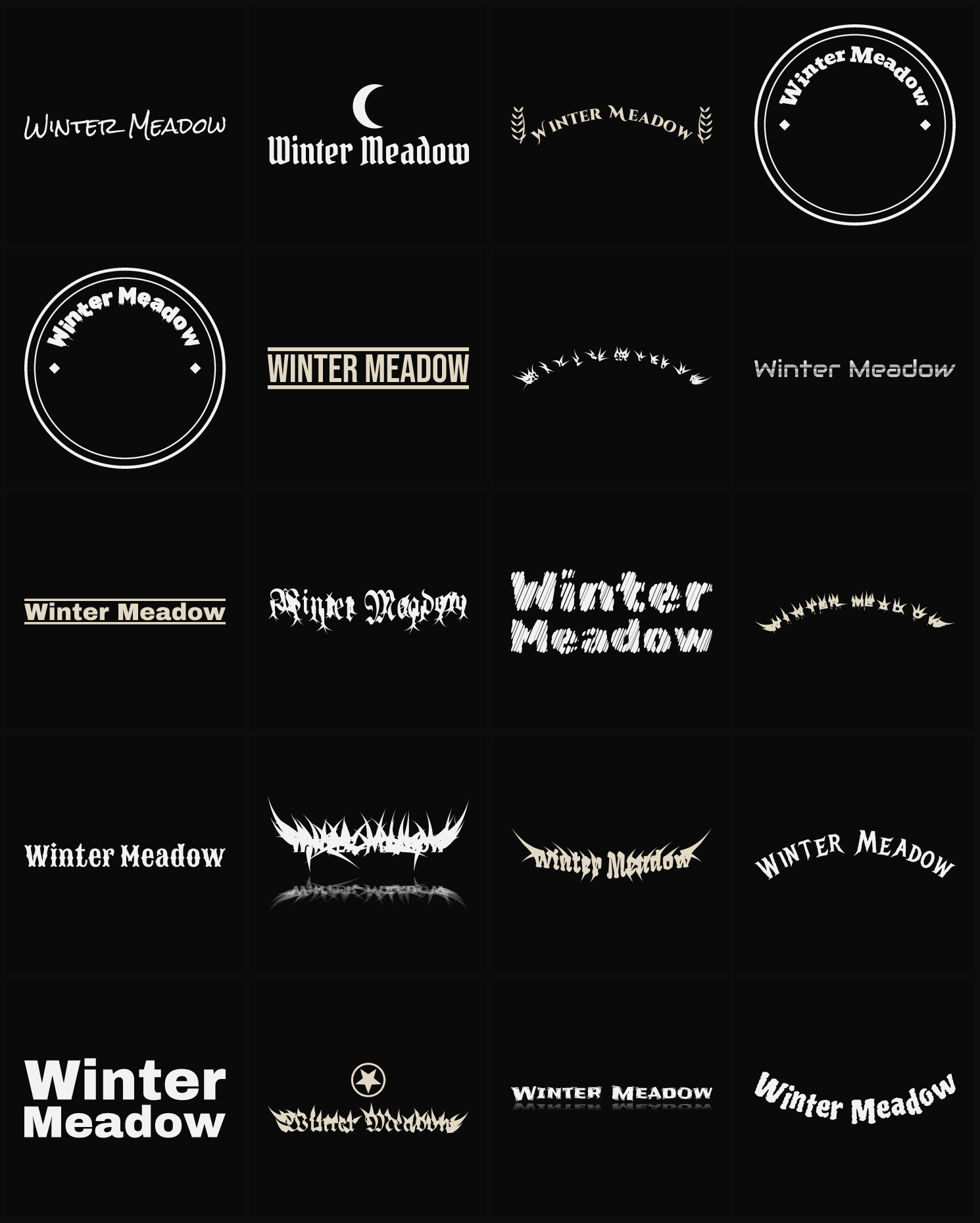Twenty Winter Meadow band logo ideas — different faces, treatments and spike settings