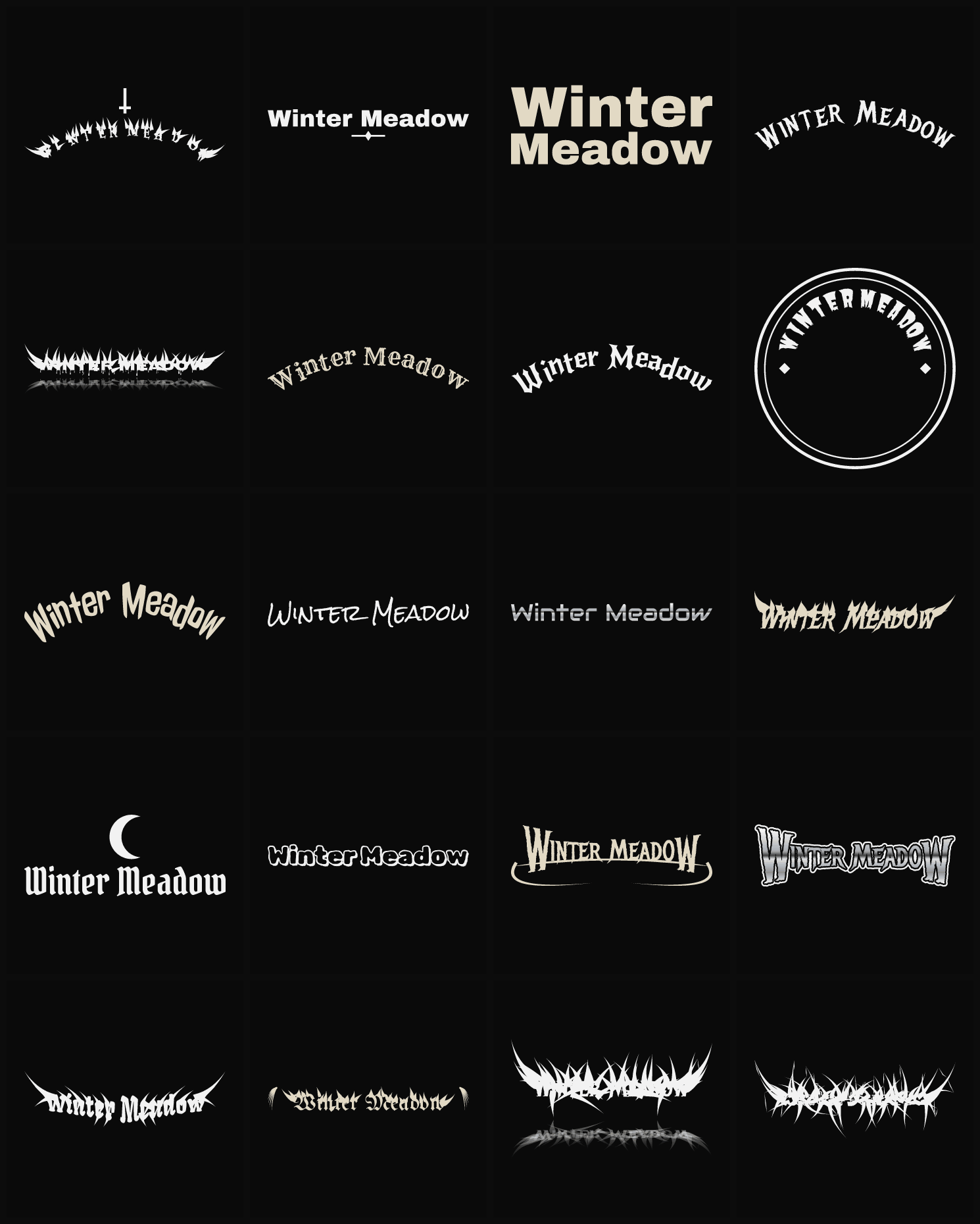 Twenty Winter Meadow band logo ideas — different faces, treatments and spike settings