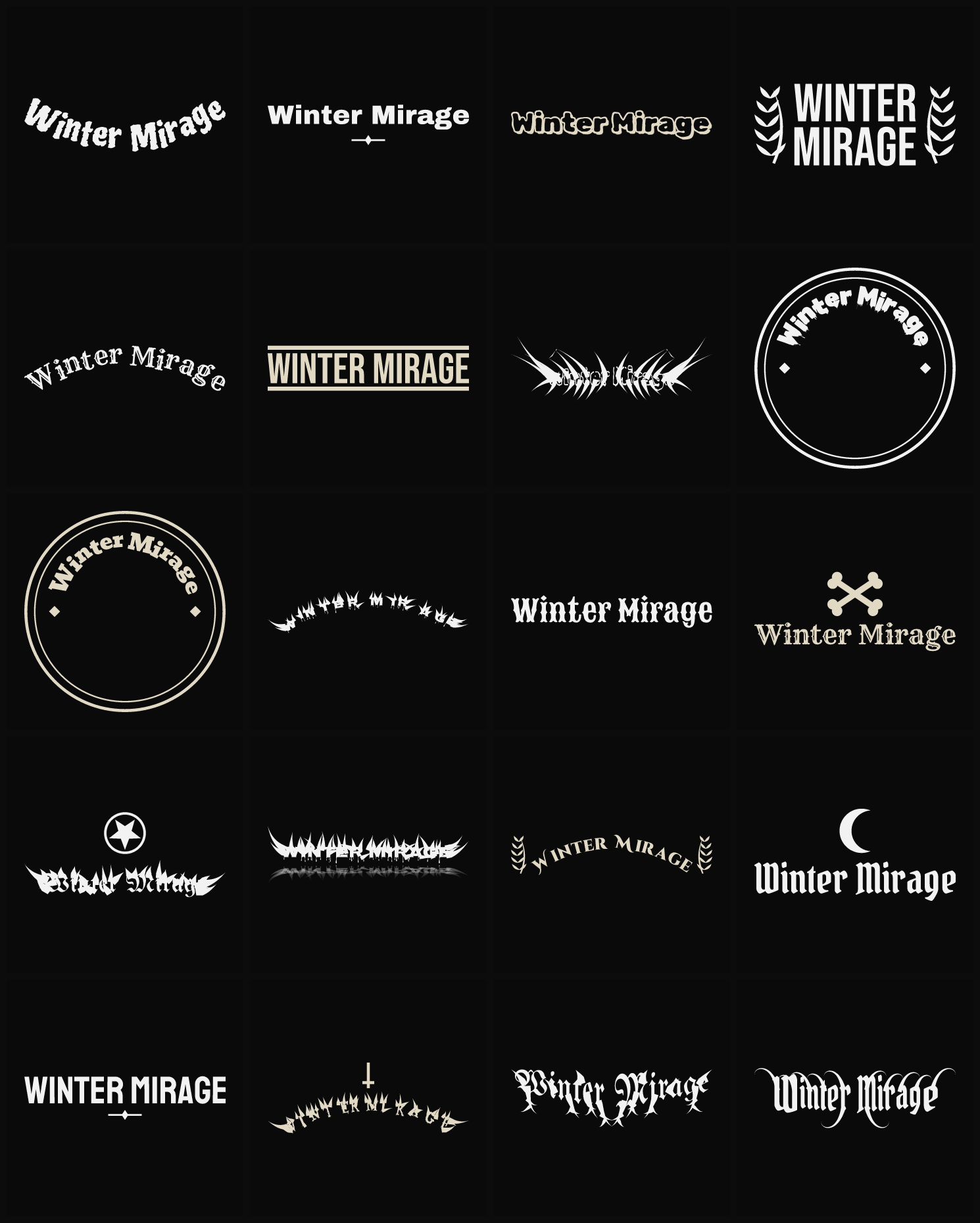 Twenty Winter Mirage band logo ideas — different faces, treatments and spike settings