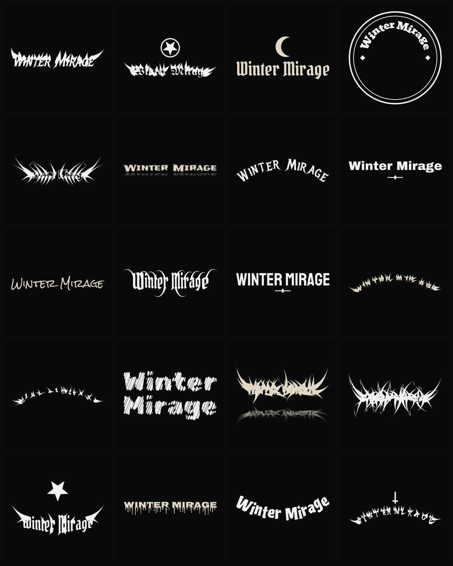 Twenty Winter Mirage band logo ideas — different faces, treatments and spike settings