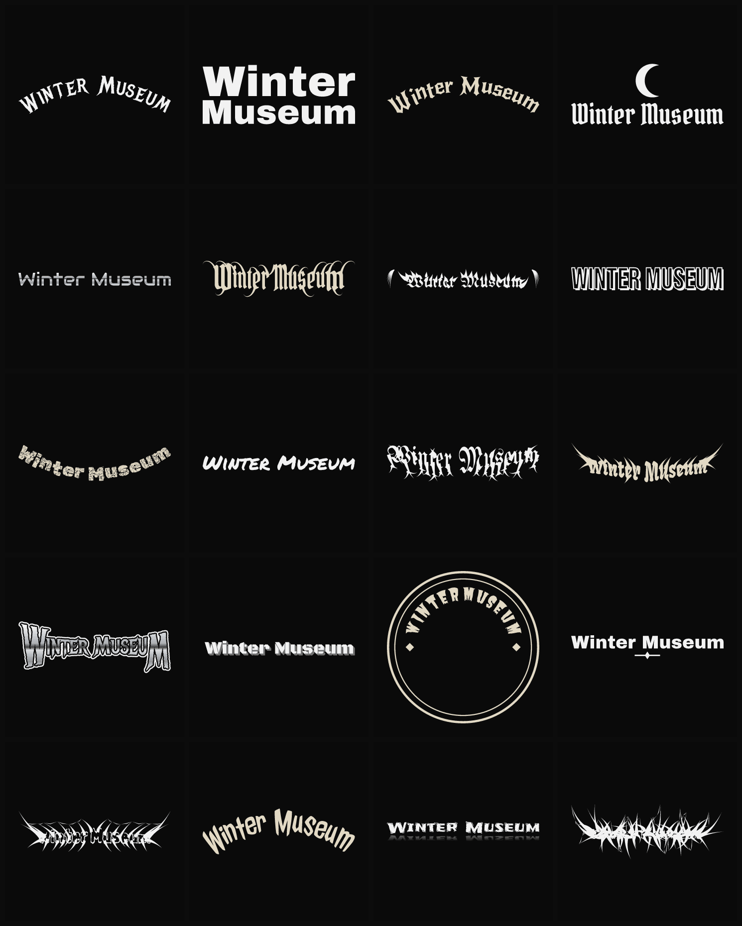 Twenty Winter Museum band logo ideas — different faces, treatments and spike settings
