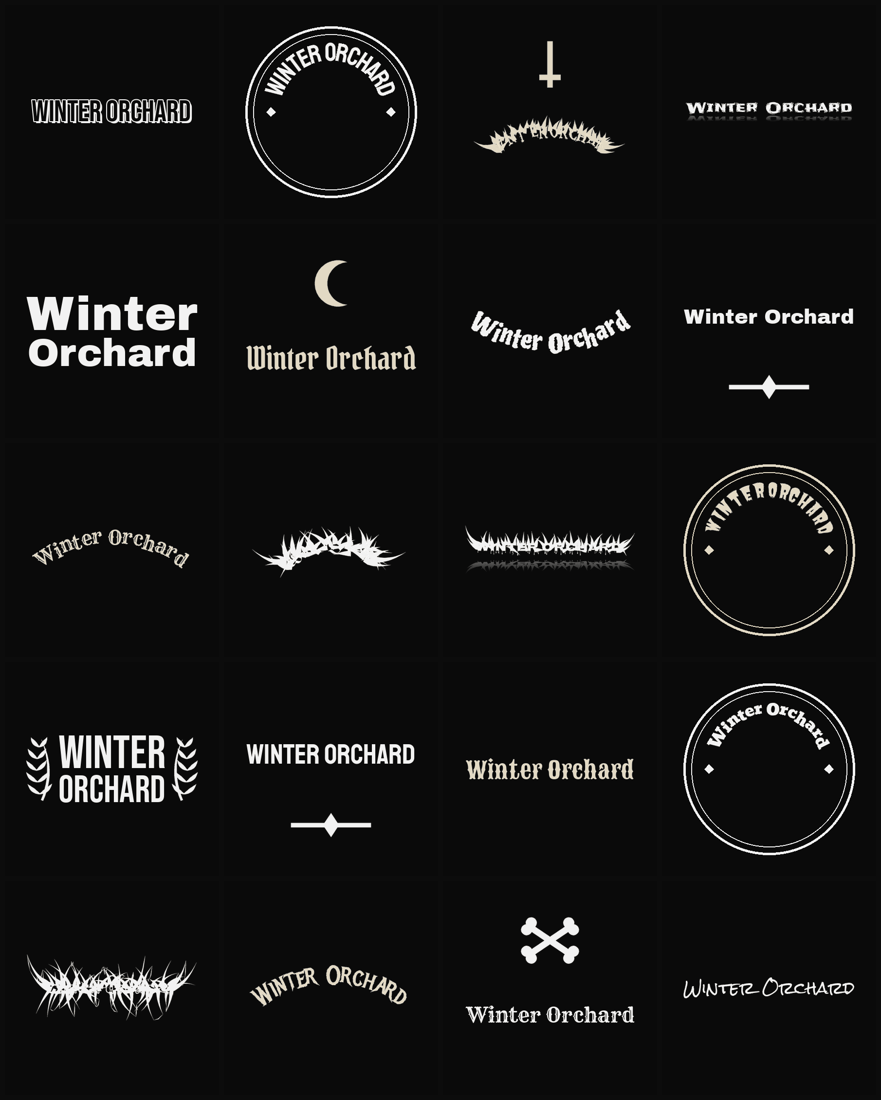 Twenty Winter Orchard band logo ideas — different faces, treatments and spike settings