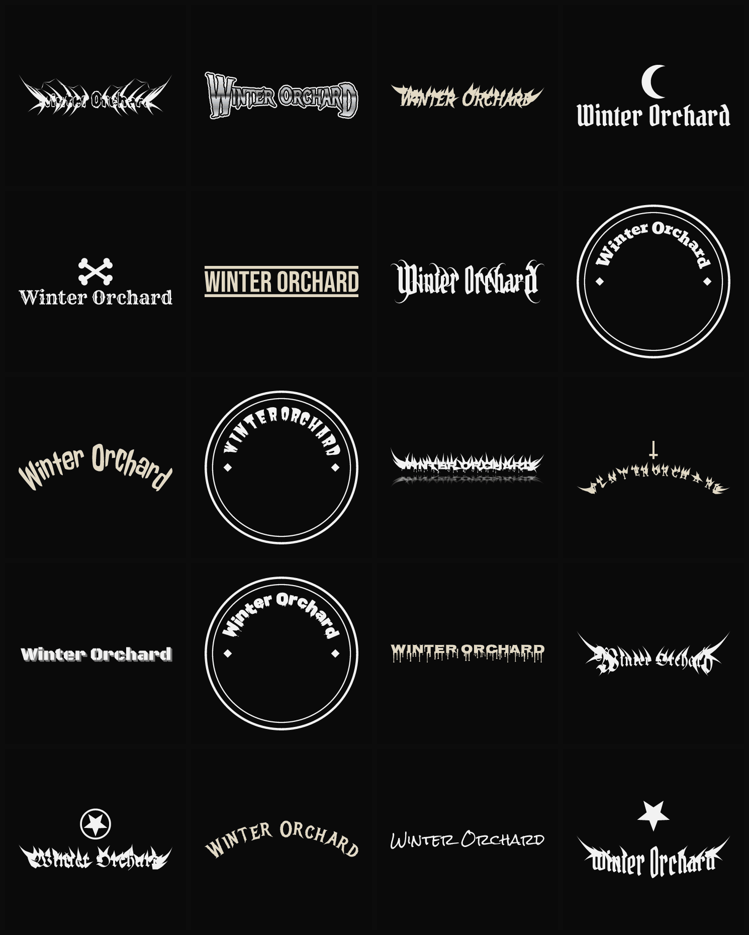 Twenty Winter Orchard band logo ideas — different faces, treatments and spike settings