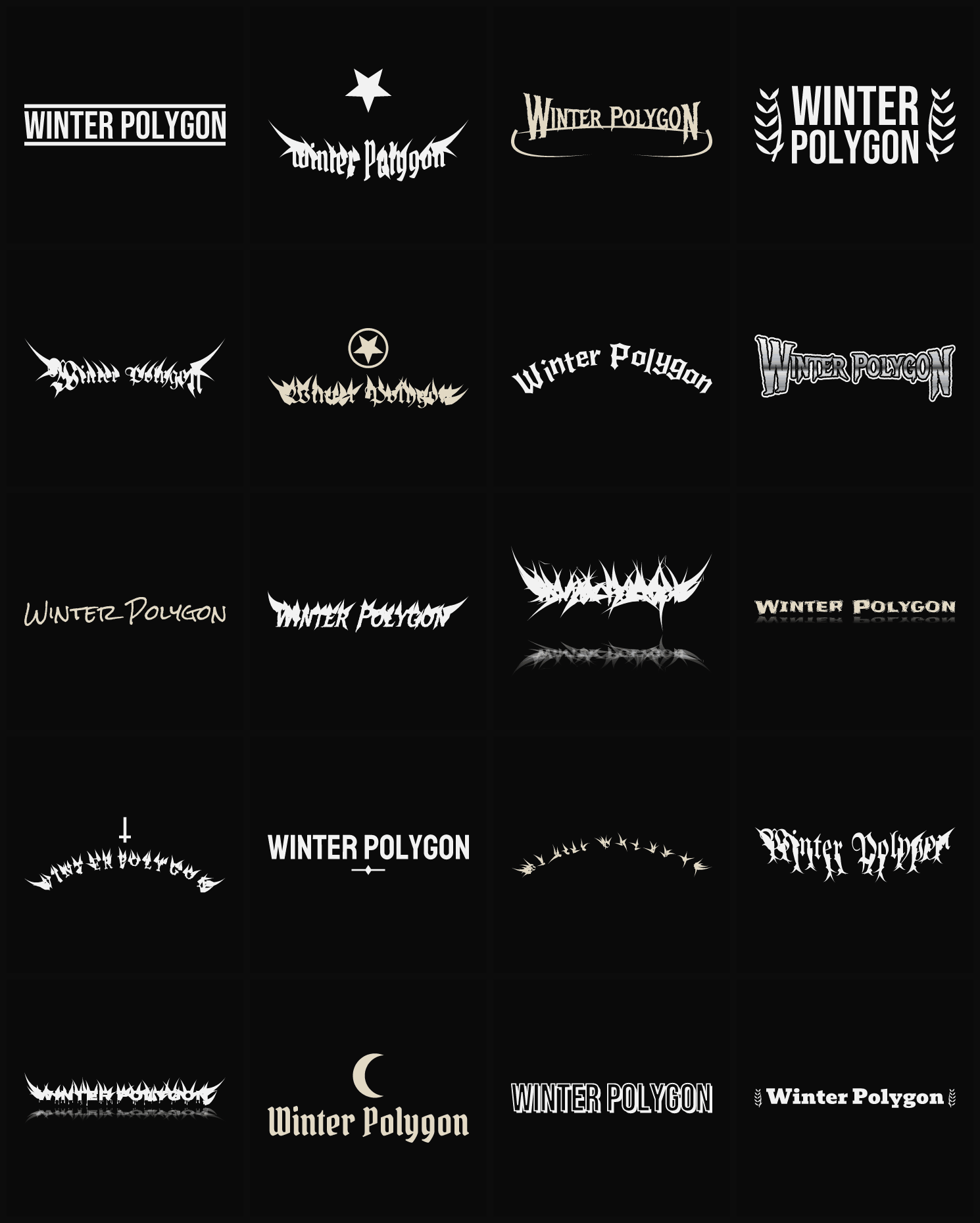 Twenty Winter Polygon band logo ideas — different faces, treatments and spike settings