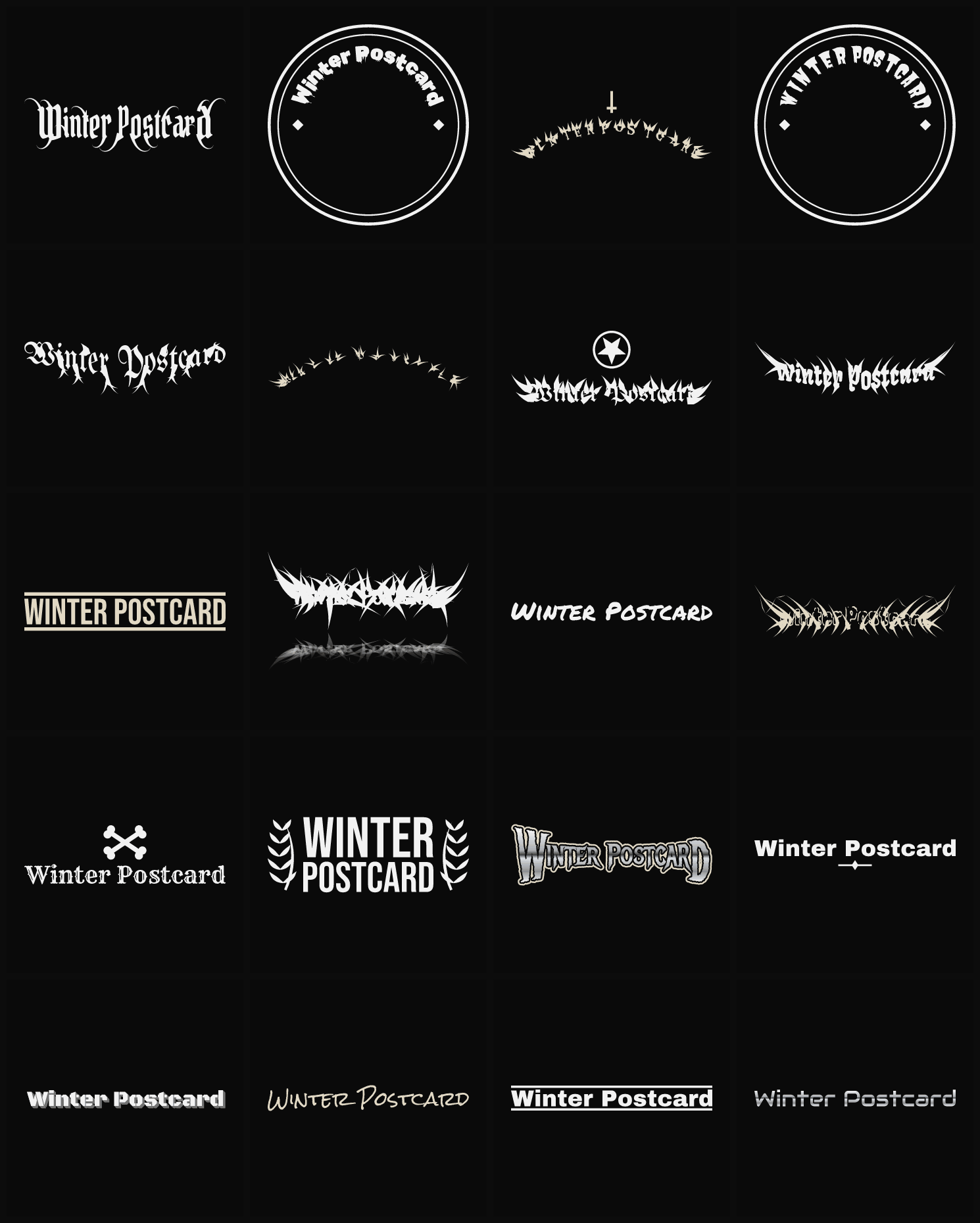 Twenty Winter Postcard band logo ideas — different faces, treatments and spike settings
