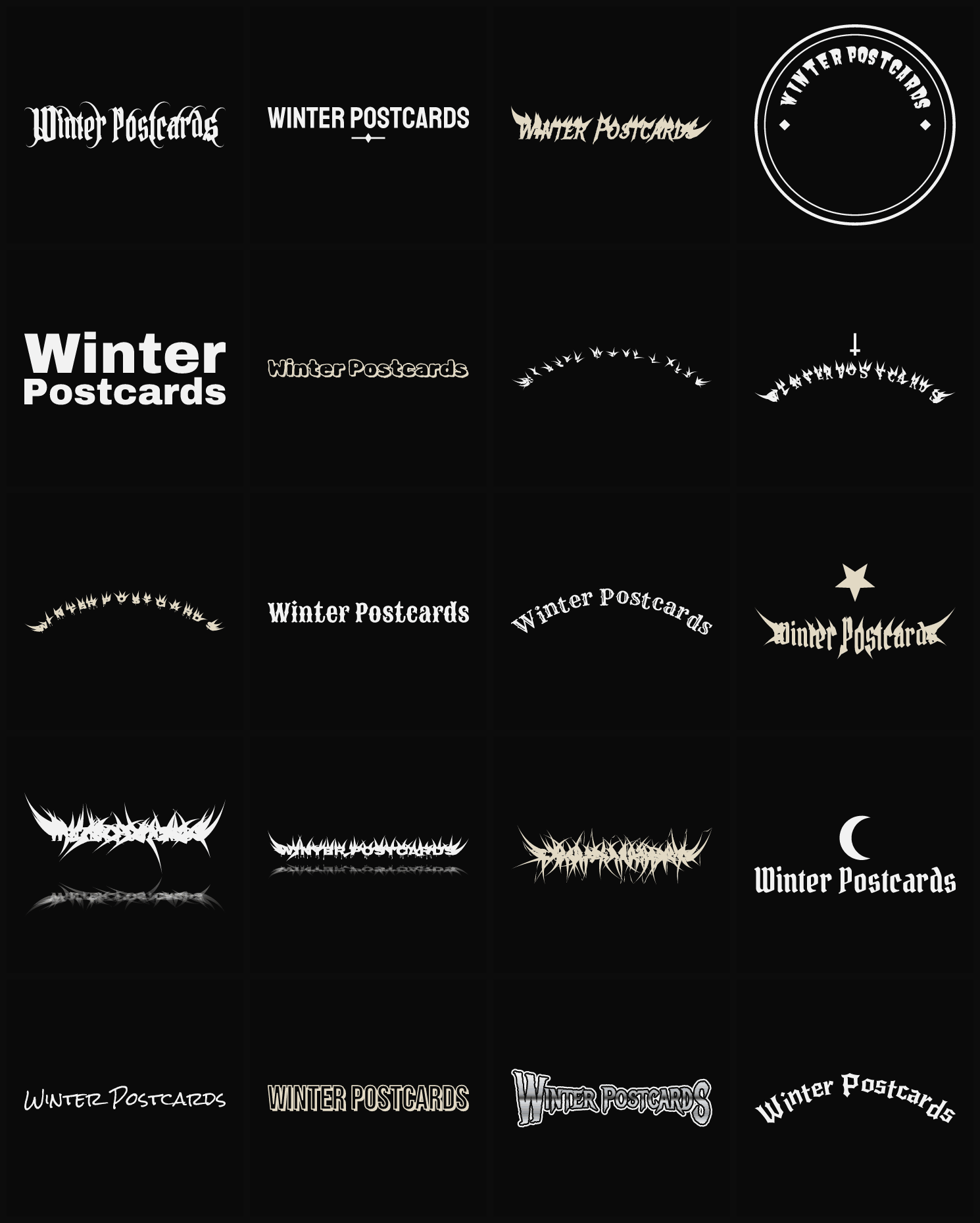 Twenty Winter Postcards band logo ideas — different faces, treatments and spike settings
