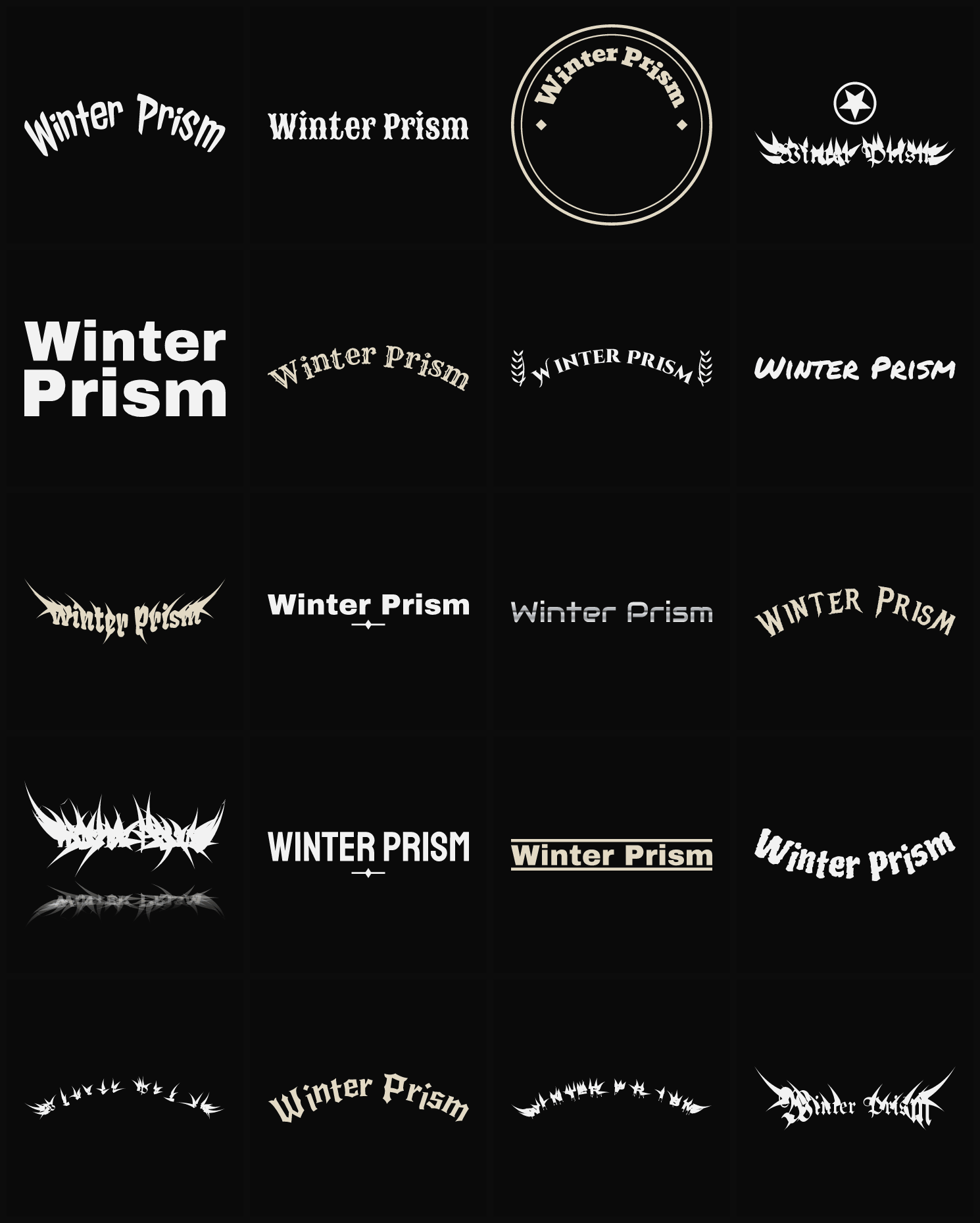 Twenty Winter Prism band logo ideas — different faces, treatments and spike settings