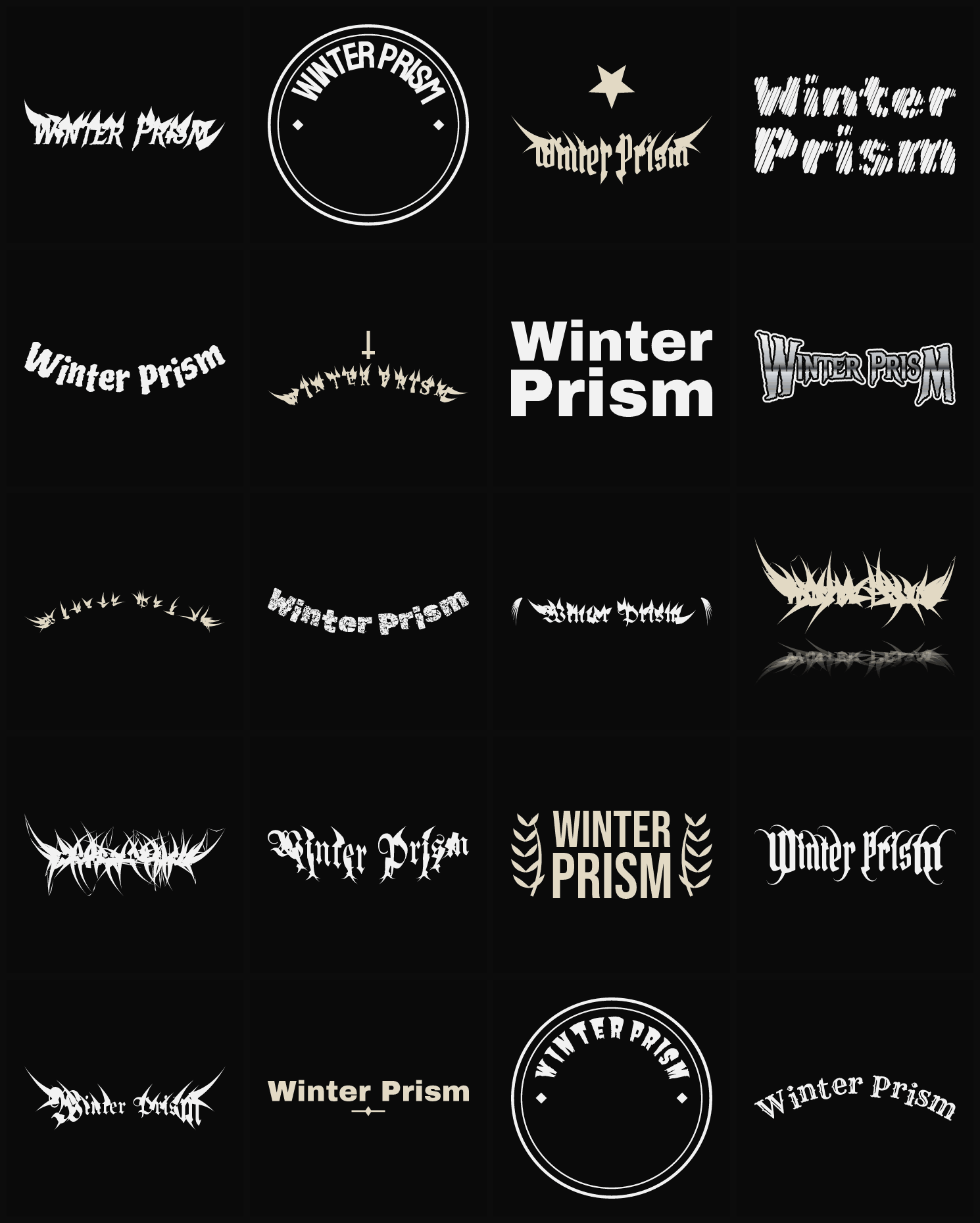 Twenty Winter Prism band logo ideas — different faces, treatments and spike settings
