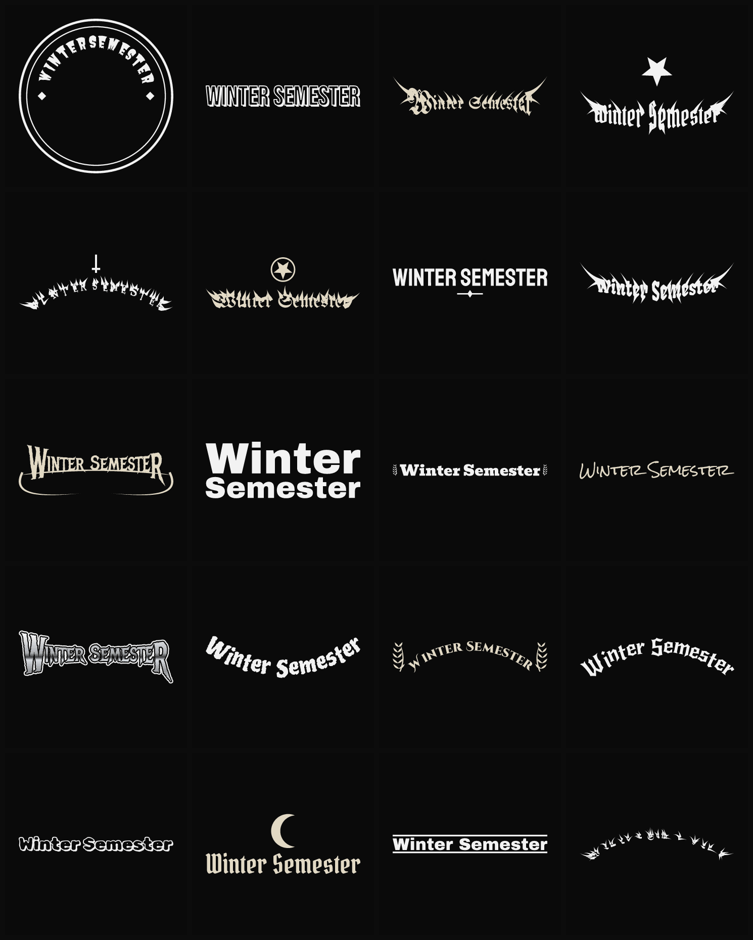 Twenty Winter Semester band logo ideas — different faces, treatments and spike settings