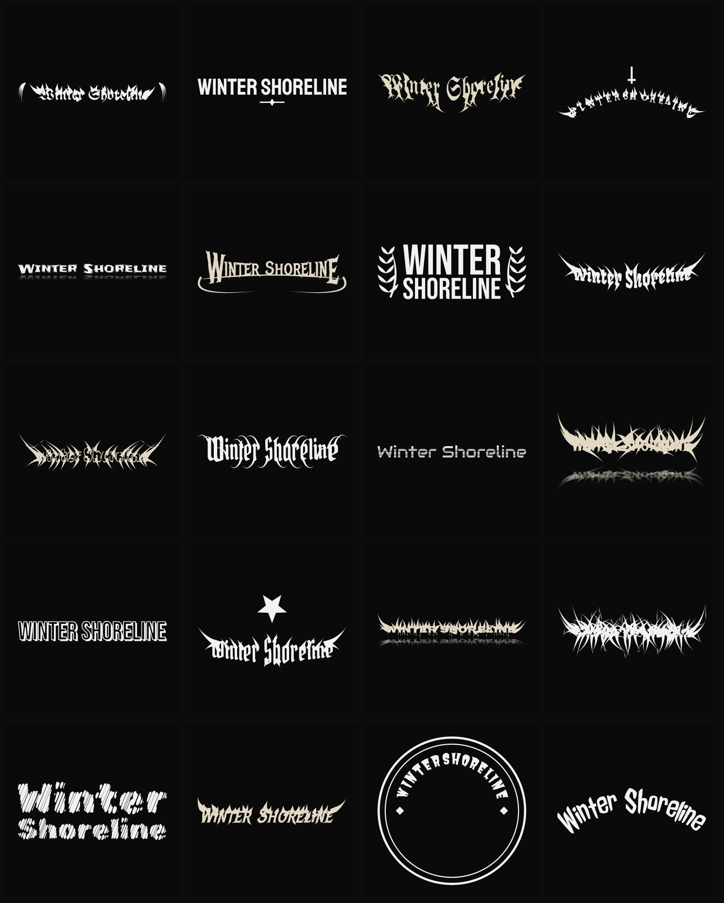 Twenty Winter Shoreline band logo ideas — different faces, treatments and spike settings