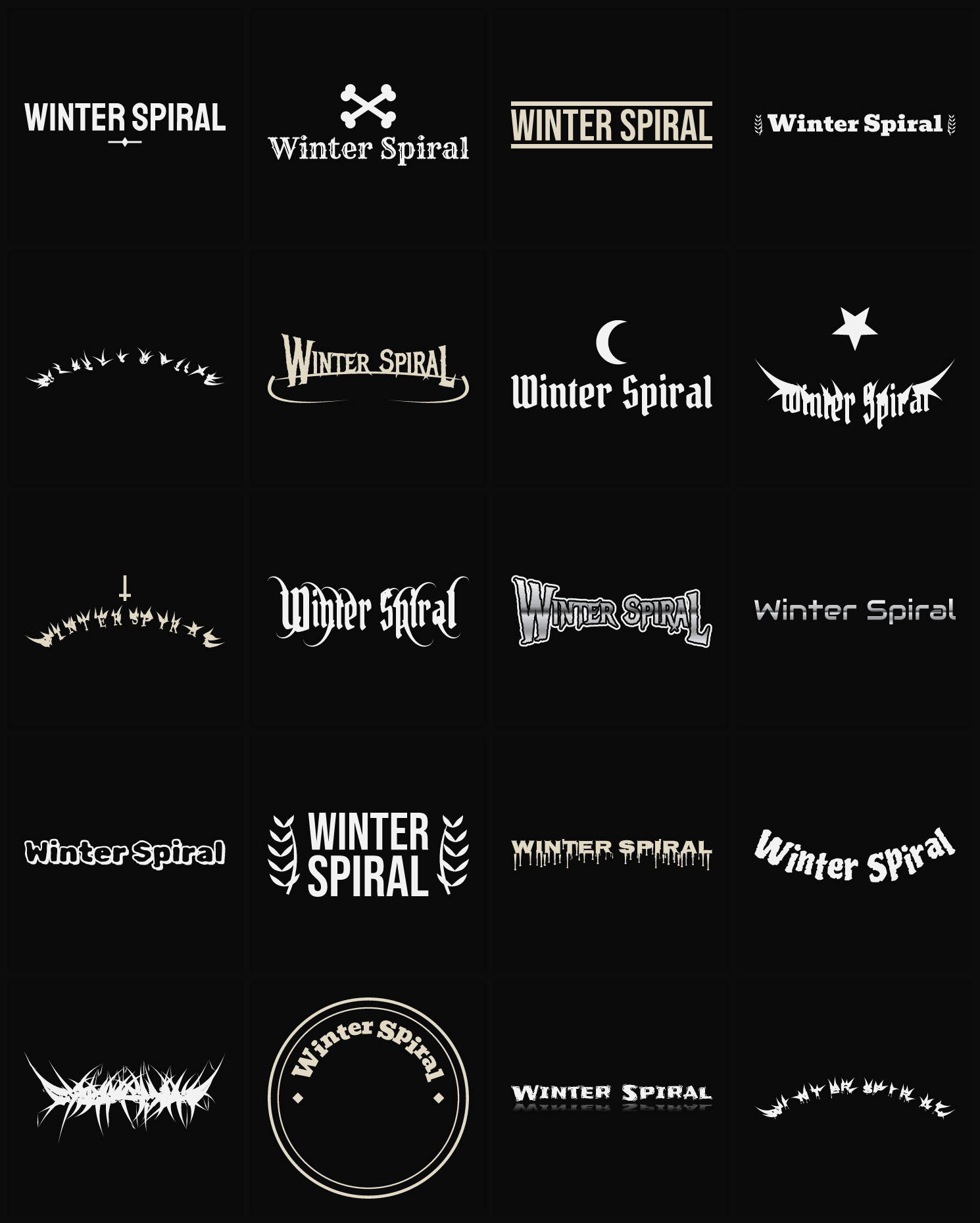 Twenty Winter Spiral band logo ideas — different faces, treatments and spike settings