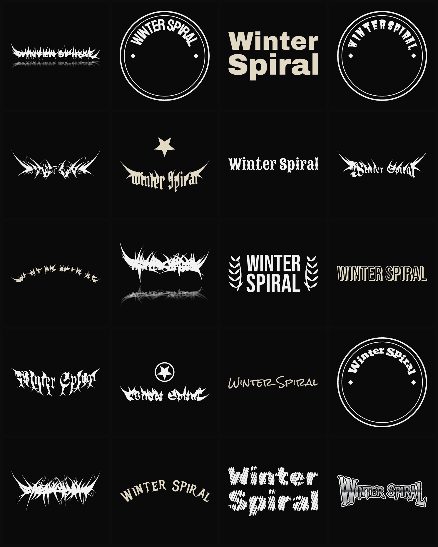Twenty Winter Spiral band logo ideas — different faces, treatments and spike settings